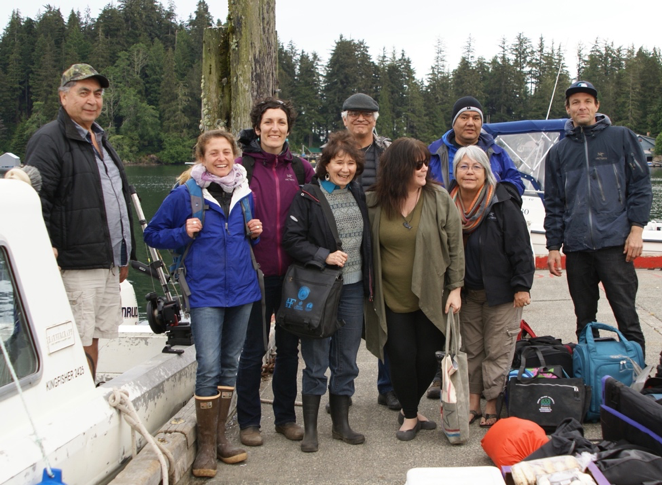 From left to right: Tony Hanson (KCFN Fisheries Manager), Anne Salomon (SFU Professor), Jenn Burt (SFU researcher), Evelyn Pinkerton (SFU Professor), Git Kinjuaas Ron Wilson (Haida Laana AwGa, Hereditary Chief), Laurie Wood (team organizer), Wii-tsts-koom Anne Mack (Toquaht Ha with, Hereditary Chief), Skill-Hillans Allan Davidson (Haida Laana AwGa, Hereditary Chief), Ilja Herb (our film maker)