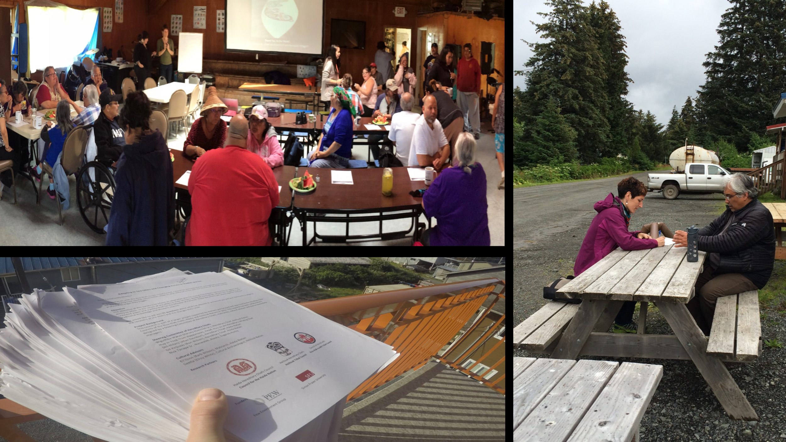 Top right: Community workshop in Nanwalek, Alaska. Bottom: The completed pile of survey-interviews from people in Kyuquot. Right: Jenn interviewing Pat Norman, Chief of Port Graham, Alaska.