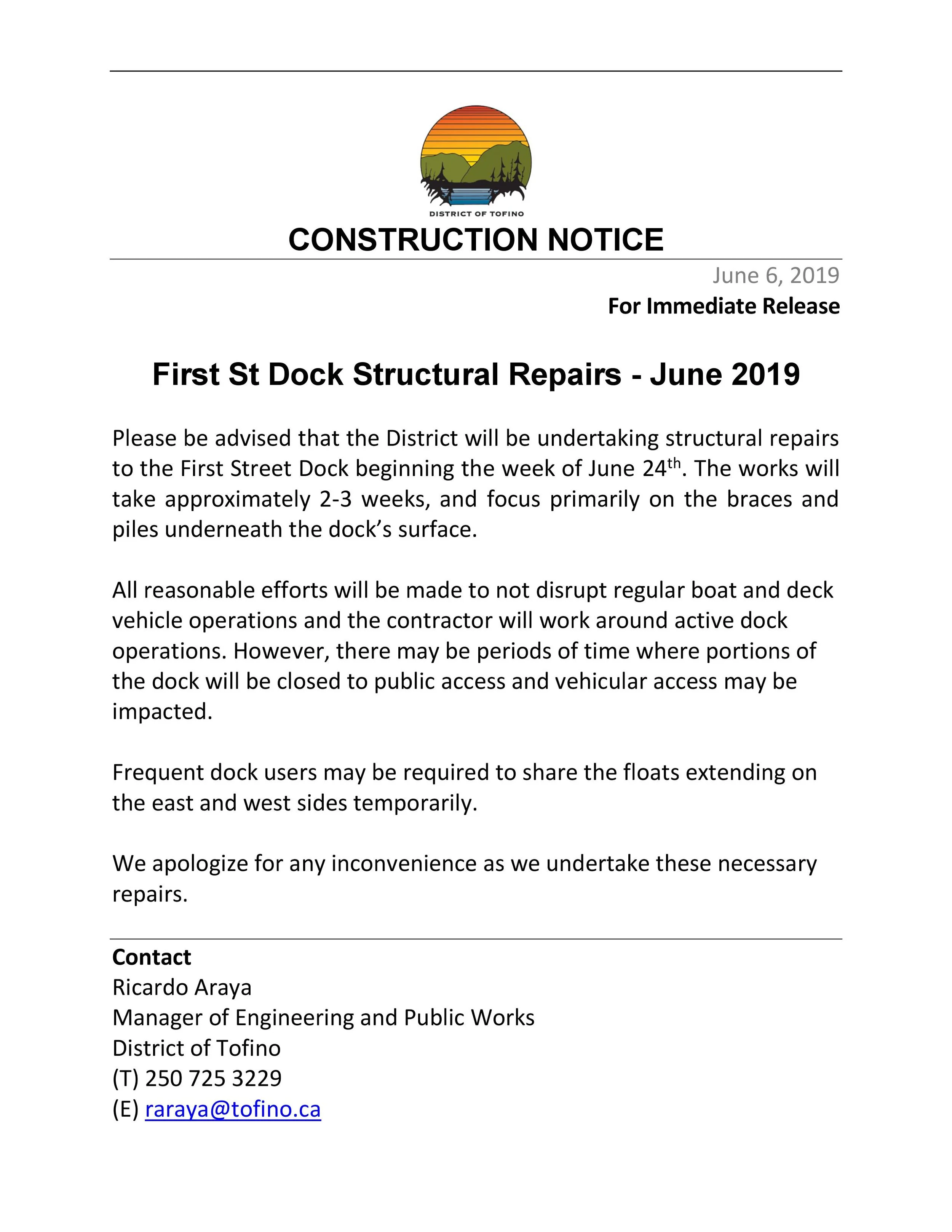 Construction Notice First Street Dock Repairs — Tlaoquiaht First Nation