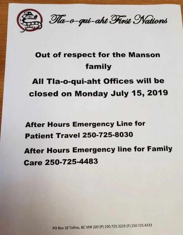 Funeral services and office closure — Tlaoquiaht First Nation