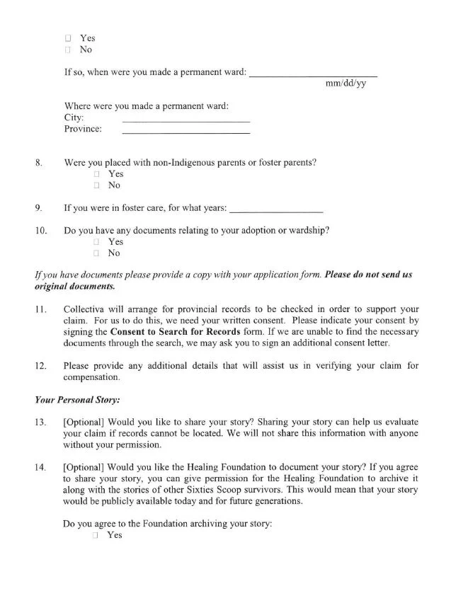60's scoop Application forms — Tlaoquiaht First Nation
