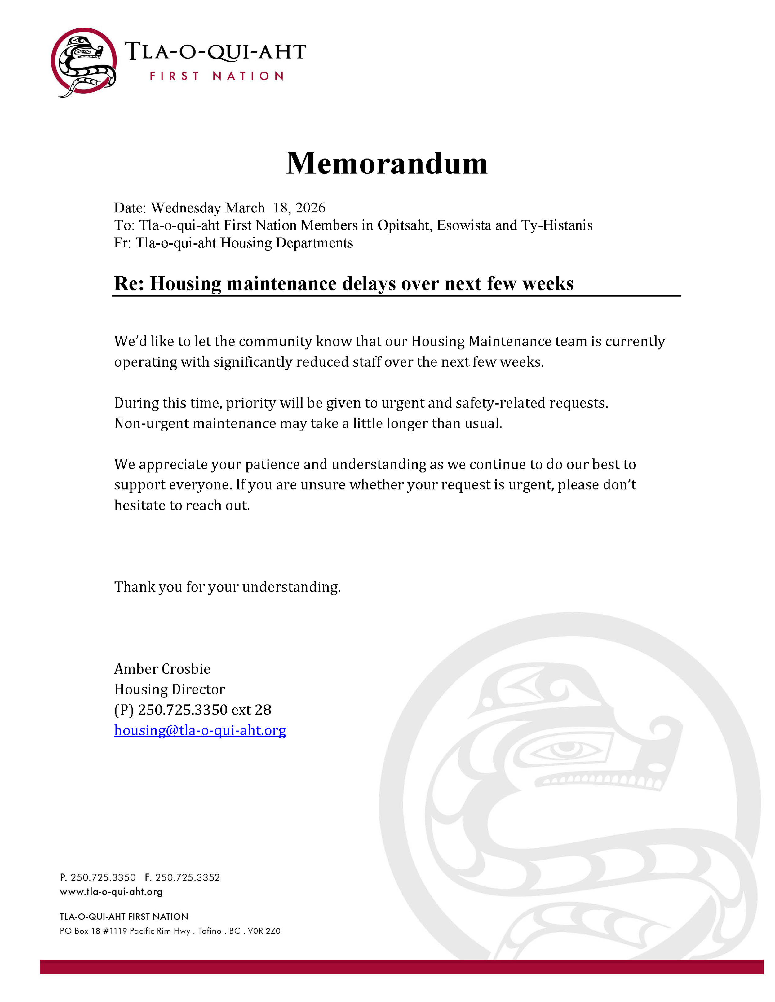 Notice - Housing team delays March 18, 2026.png