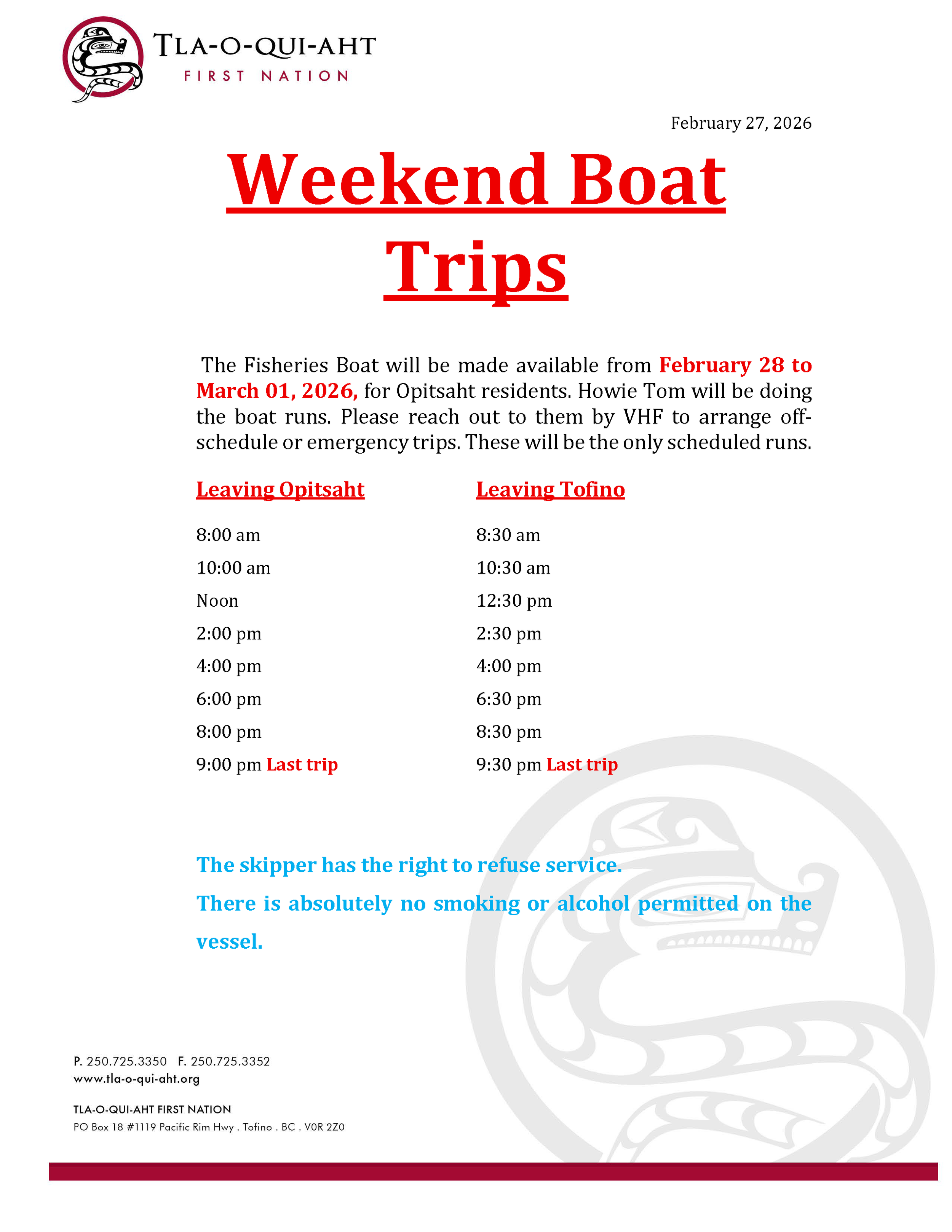 Weekend boat schedule February 27 Fisheries.png