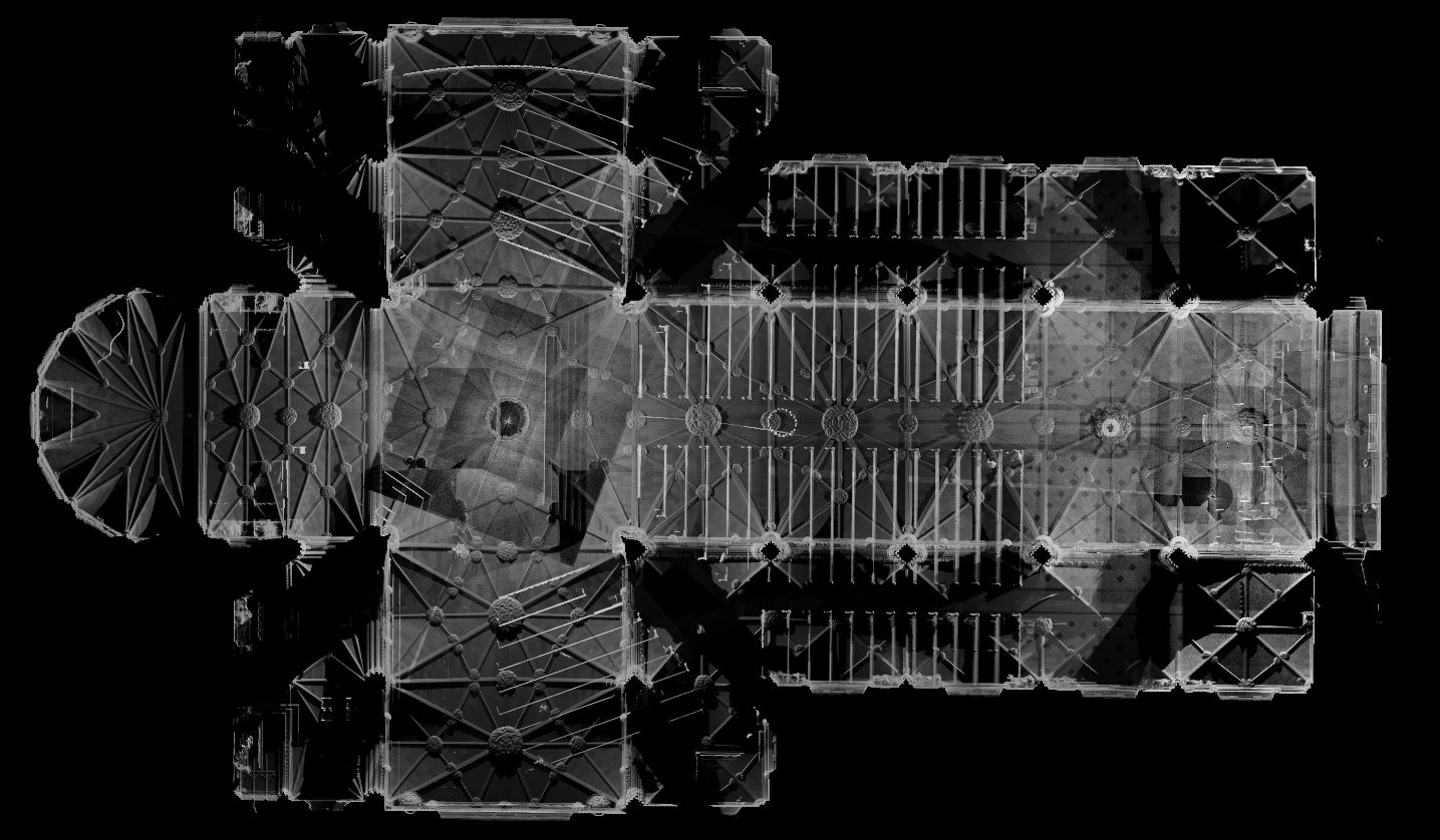 A plan view of the cathedral created by using only 3 interior scans. From the ceiling design to the pew location, everything is recorded.