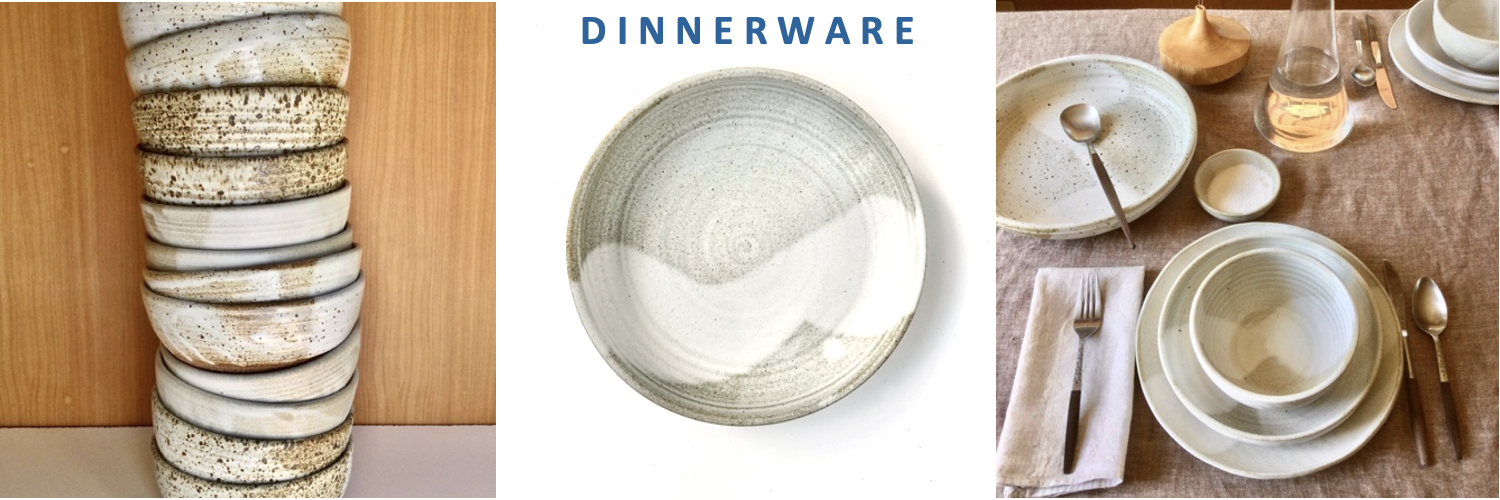 A collection of handmade ceramic dinnerware, including noodle bowls, shallow dinner bowl, and cereal bowl.