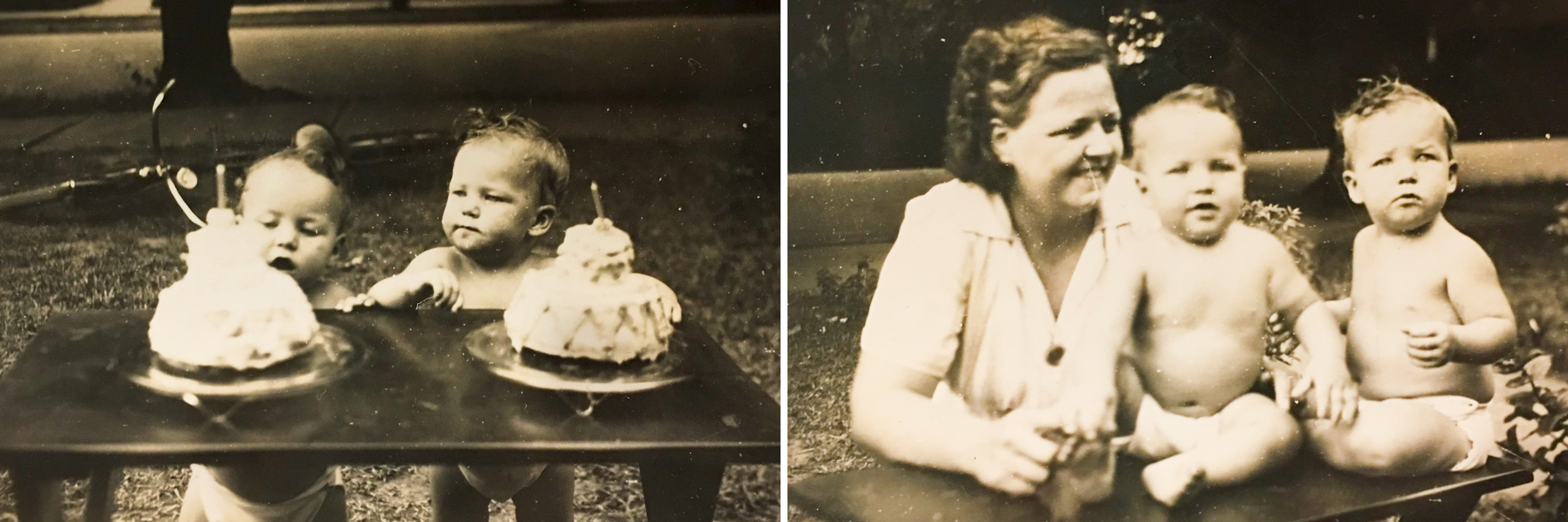 My mother and her brother on their 1st birthdays! My Grandpa captured this moment of them with my Grandmother... in 1945! She made each of them their own cakes until their 18th birthdays! and... today is my mom's birthday! :)