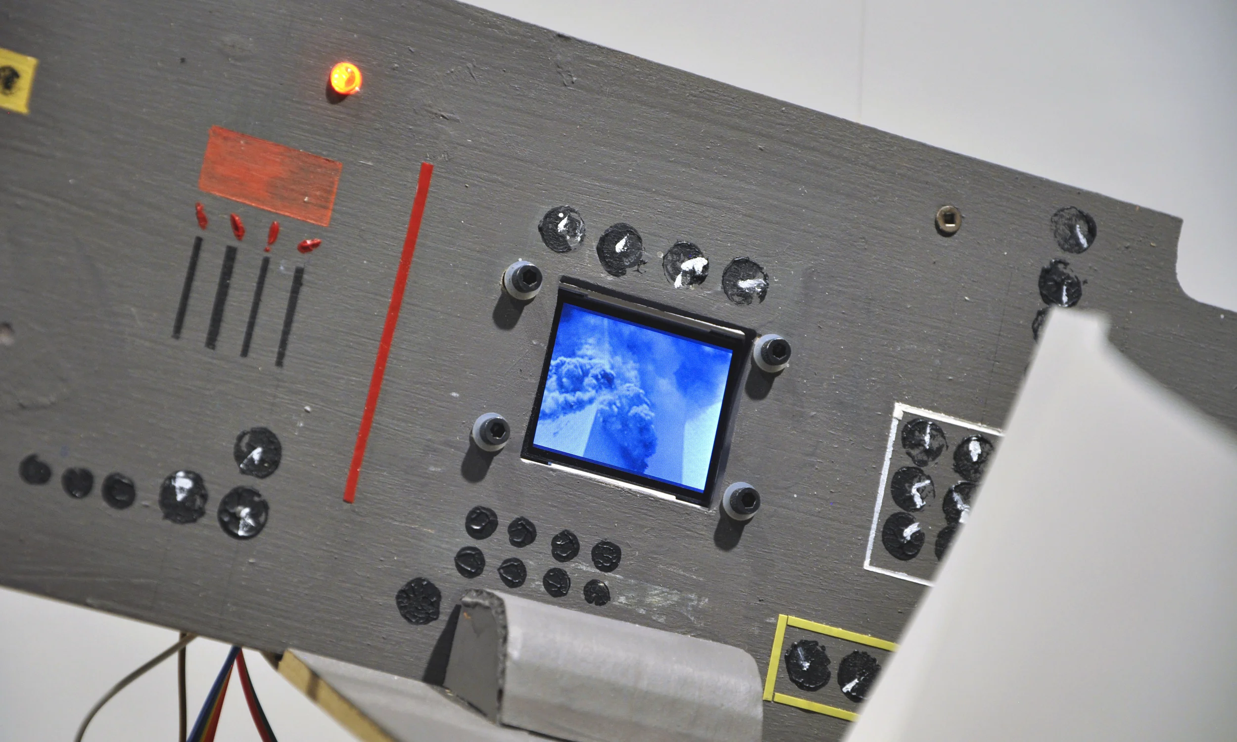 2016 , monofilament, Luan plywood, LCD display, red LED, microcontroller, paper, acrylic