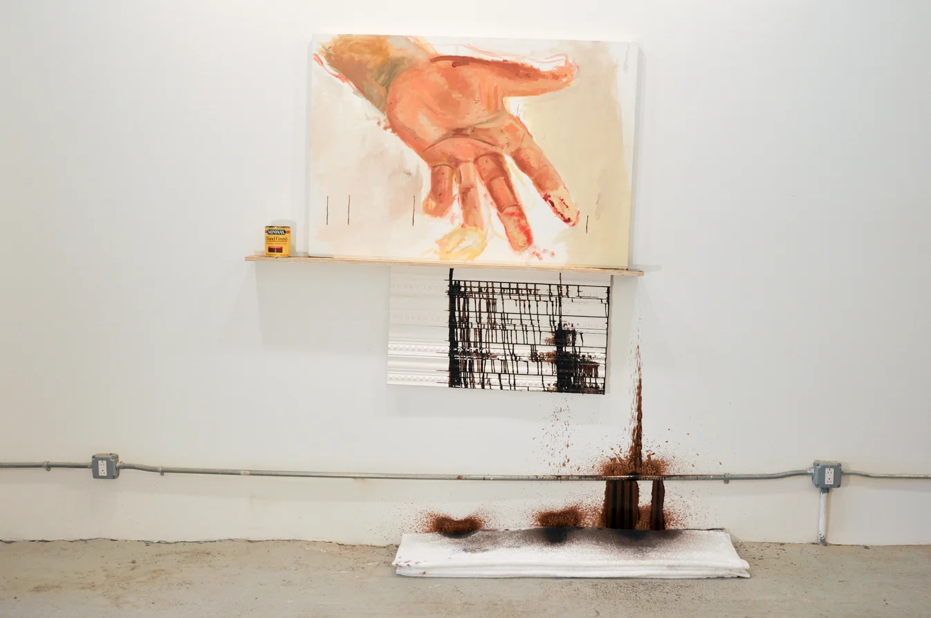 2017 , Minwax Mahogany #225 wood stain, molding, Egyptian Cotton towel, plywood, oil on canvas