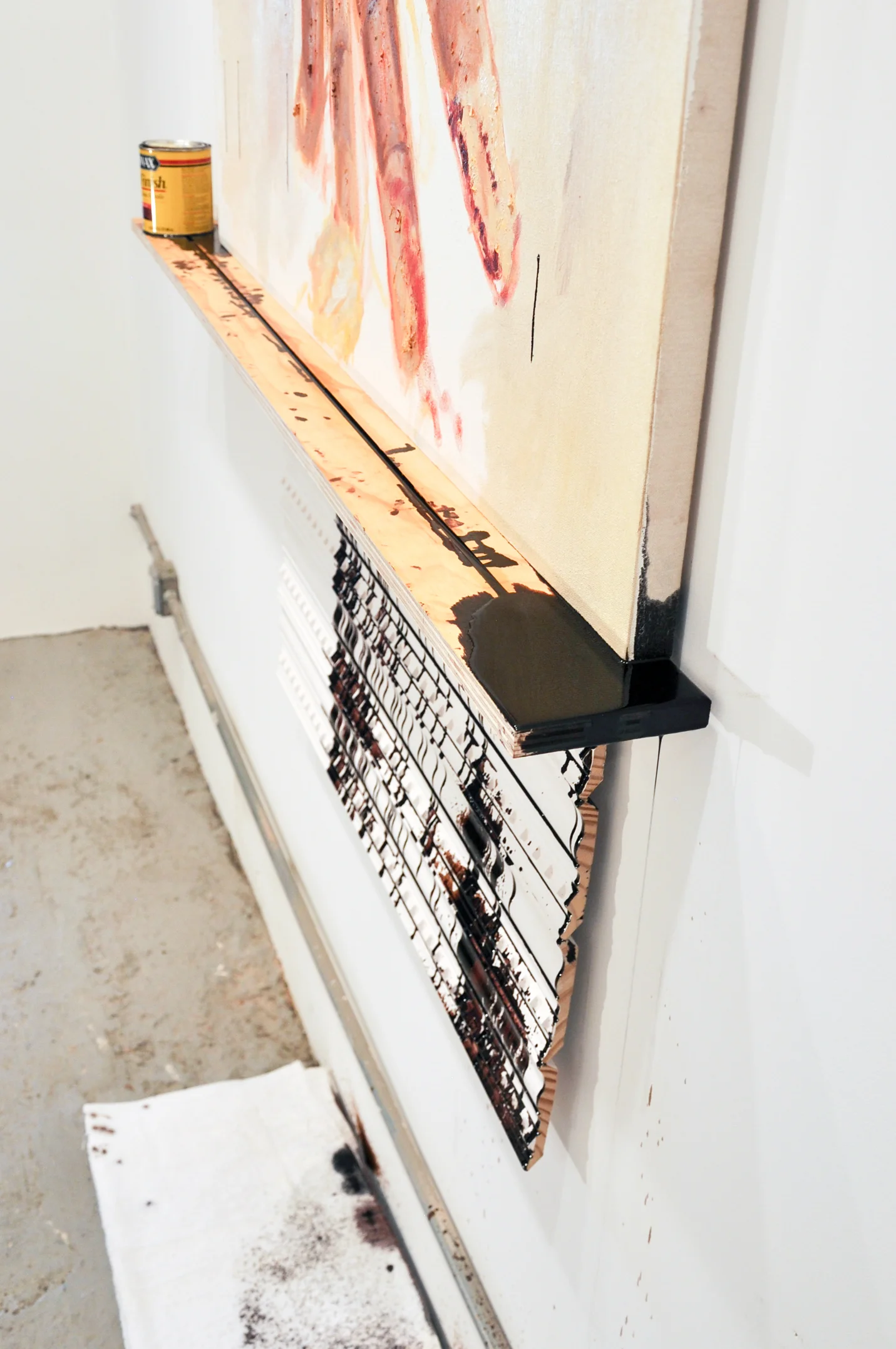 2017 , Minwax Mahogany #225 wood stain, molding, Egyptian Cotton towel, plywood, oil on canvas