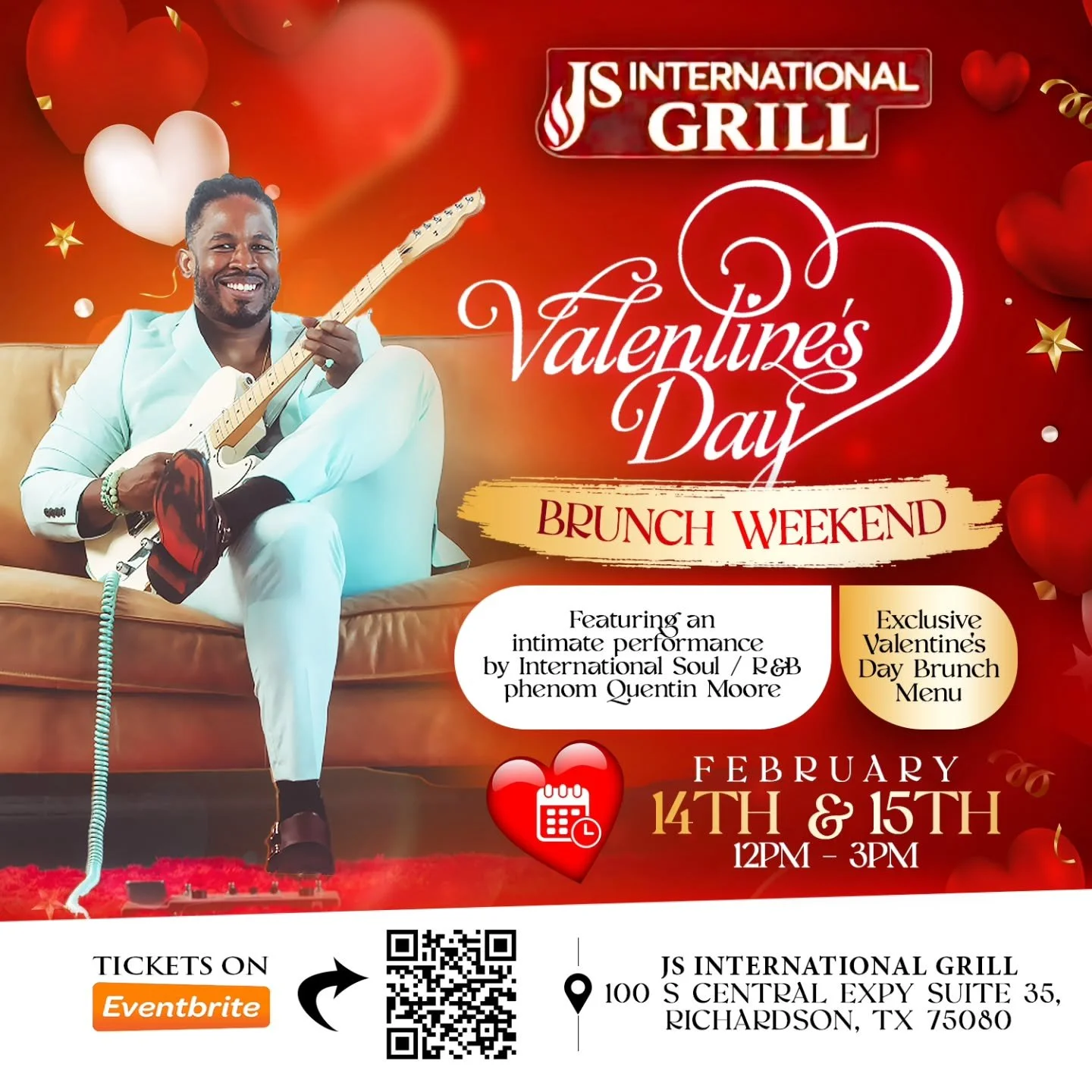 Valentine's Day weekend! Its going down at @jsinternationalgrill (Richardson)! Brunch on Feb 14th and 15th! Grab your tickets now! (Link In Bio) #ValentinesDay #DallasEvents #Qmooremusic #dallasmusic