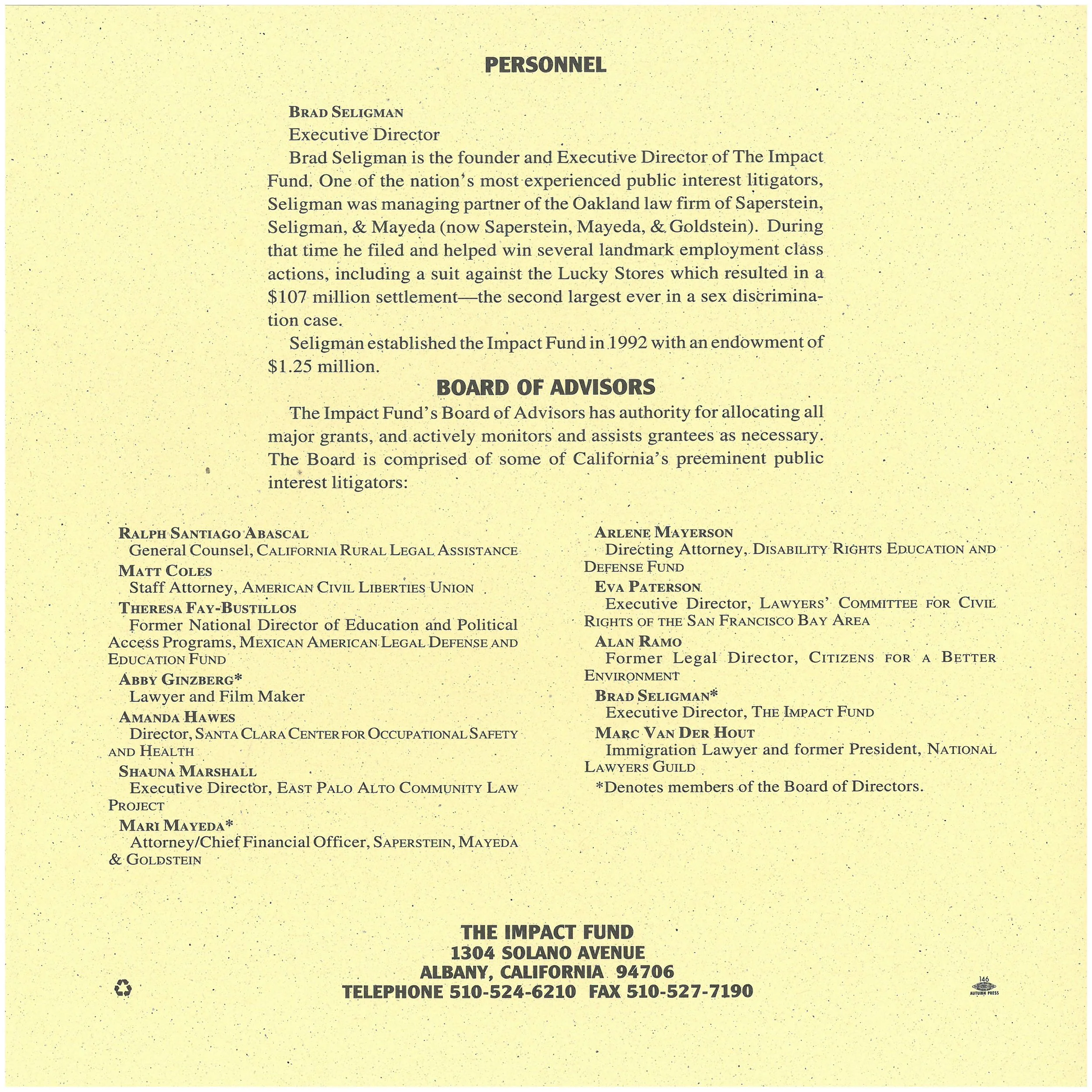 Back cover, first Impact Fund annual report, 1993