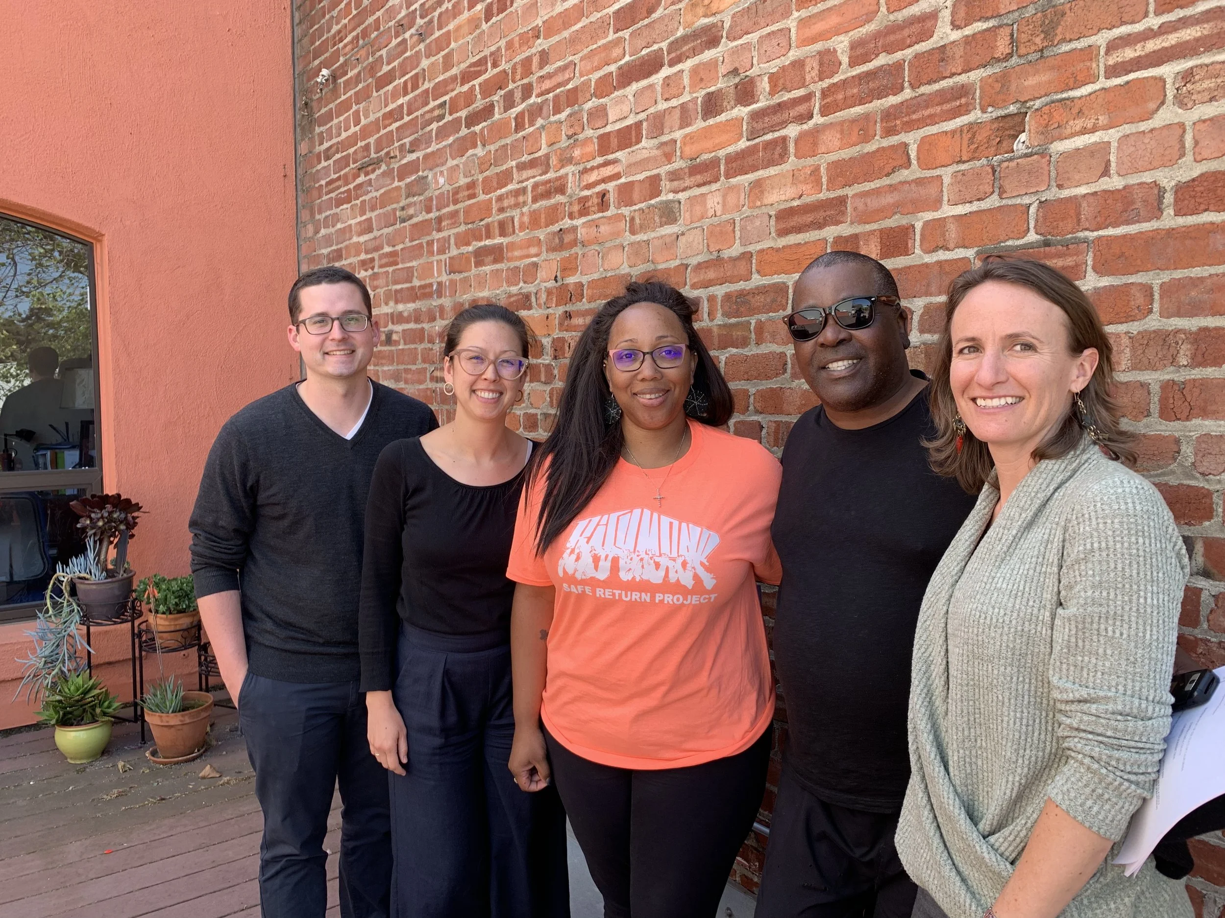 (L to R): Daniel Nesbit, Impact Fund, Law Fellow; Lindsay Nako, Impact Fund, Director of Litigation & Training; Tamisha Walker, Plaintiff Safe Return Project, Executive Director; Plaintiff Walter Killian; Rebekah Evenson, Bay Area Legal Aid, Director of Litigation & Advocacy