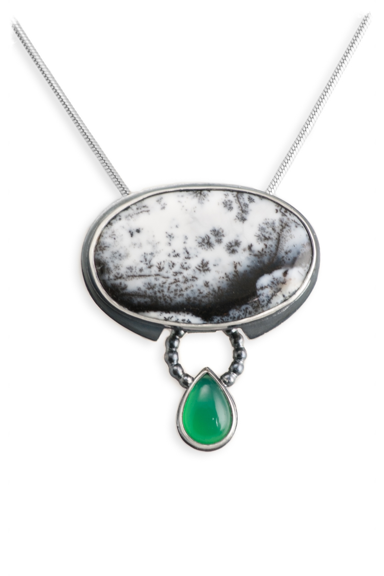 First Sign of Spring Pendant #2 | Sterling, dendritic quartz, green onyx