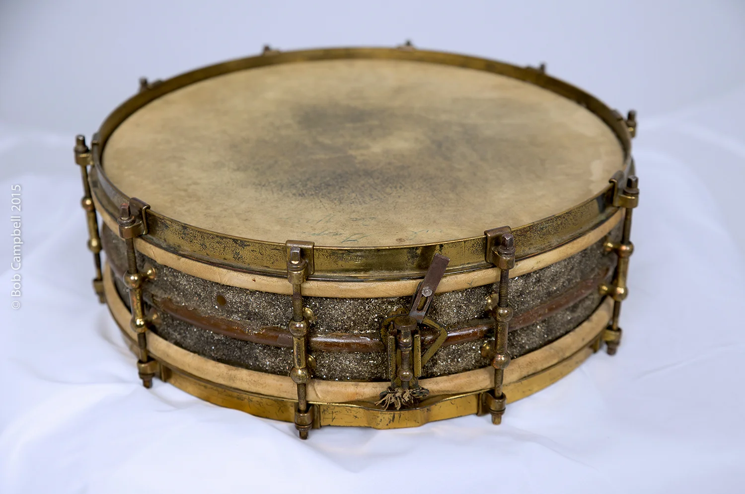 Circa 1930 Ludwig 4x14 brass "mystery" silver flake snare drum