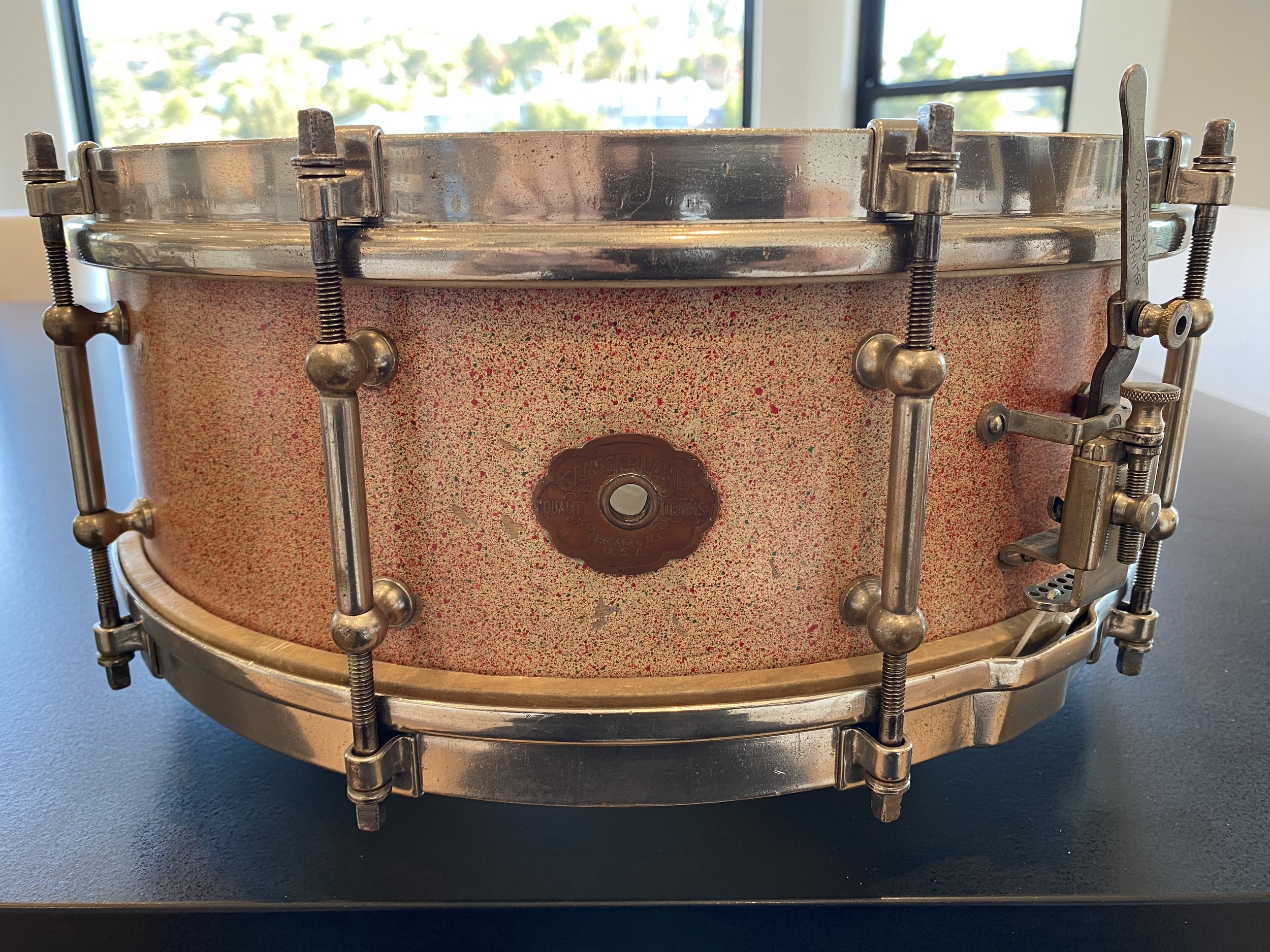 1928- Slingerland Rainbow Sprinkles Tone Flange Artist model snare