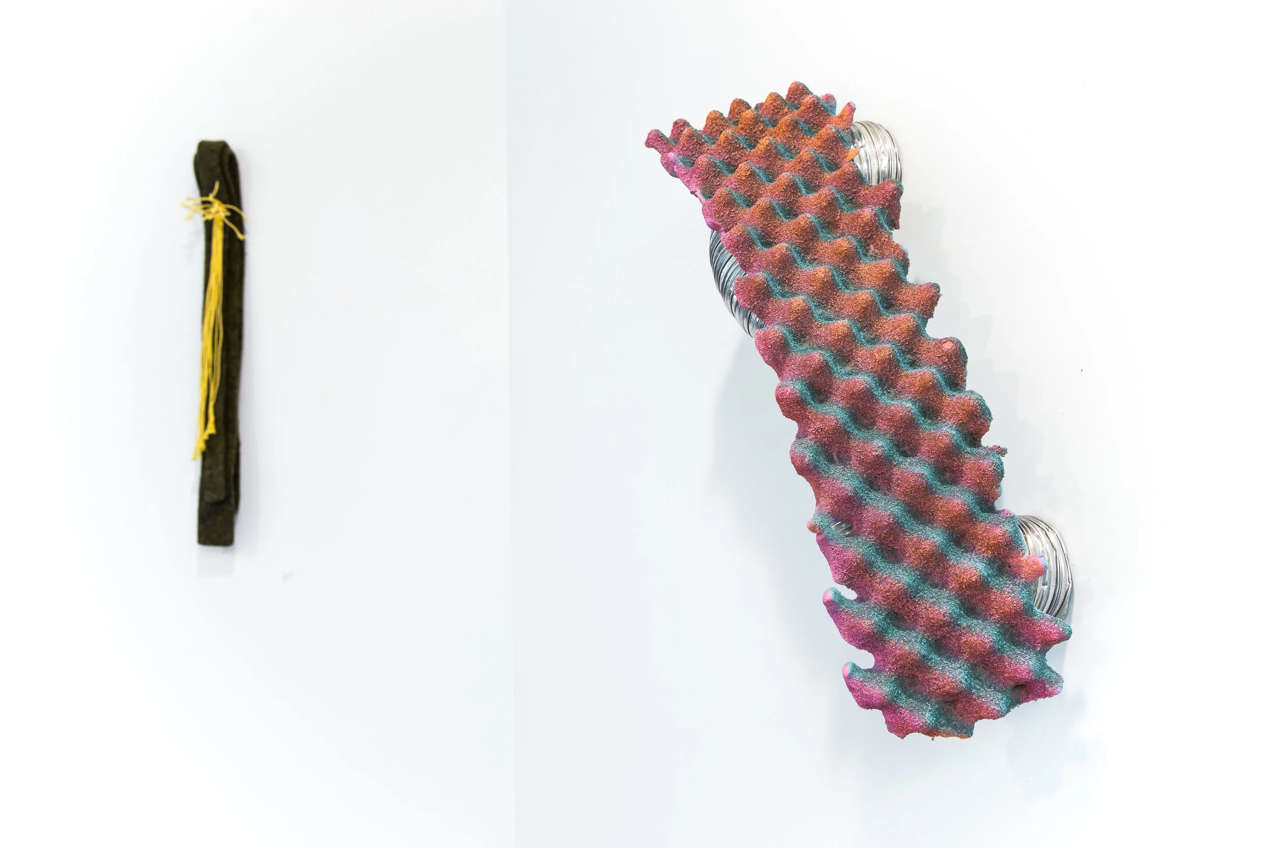 Right: Convoluted II Cement, acrylic paint, wire mesh, aluminum flex pipe. 20.5"x14"x8" 2017 Left: Textiles by Megan Mesloh Photo Credit: Jason Horvath