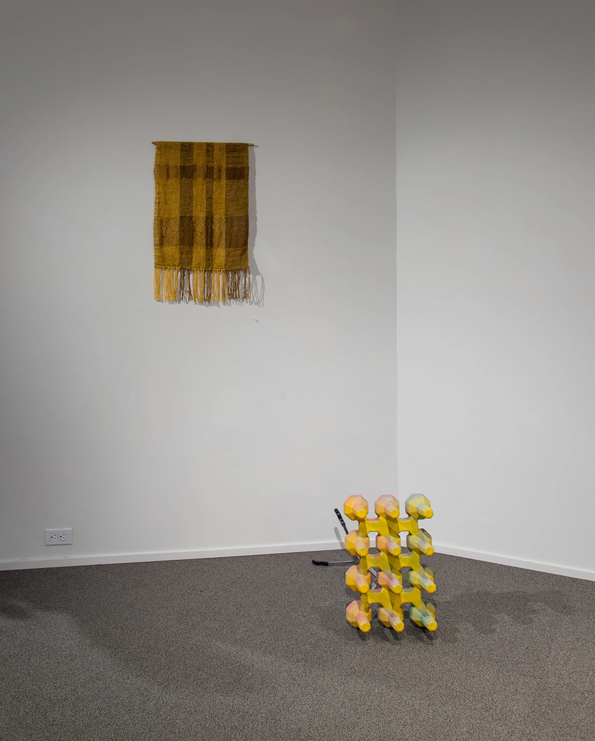 Right: Snare Cement, acrylic paint, spray paint, wire mesh, drum stand. 18.5"x12.5"x30" 2017 Left: Textiles by Megan Mesloh Photo Credit: Jason Horvath