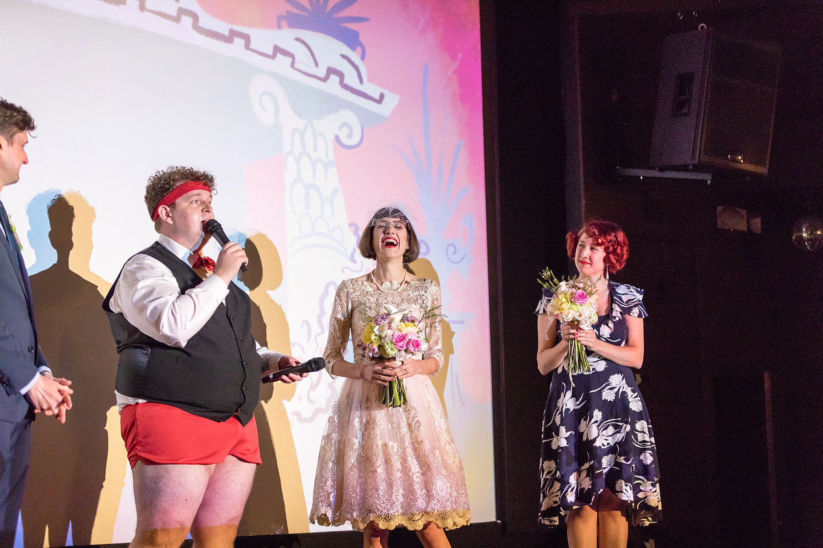 Yes, that is officiant, Dave Child (fellow comedian) getting rid of those pesky pants during the ceremony.