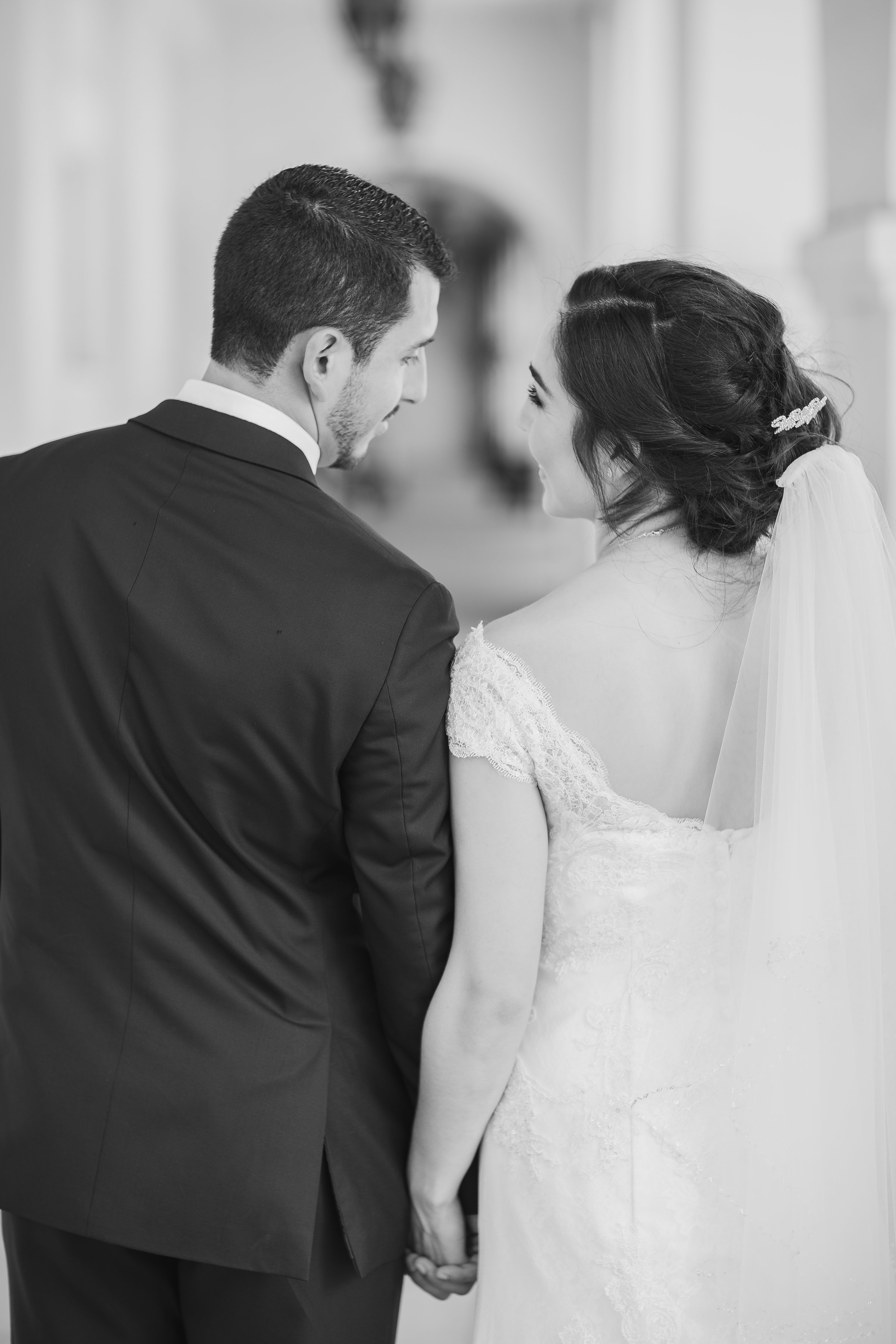 ! Bride and Groom Looking at each other Lovingly in BW photo.jpg