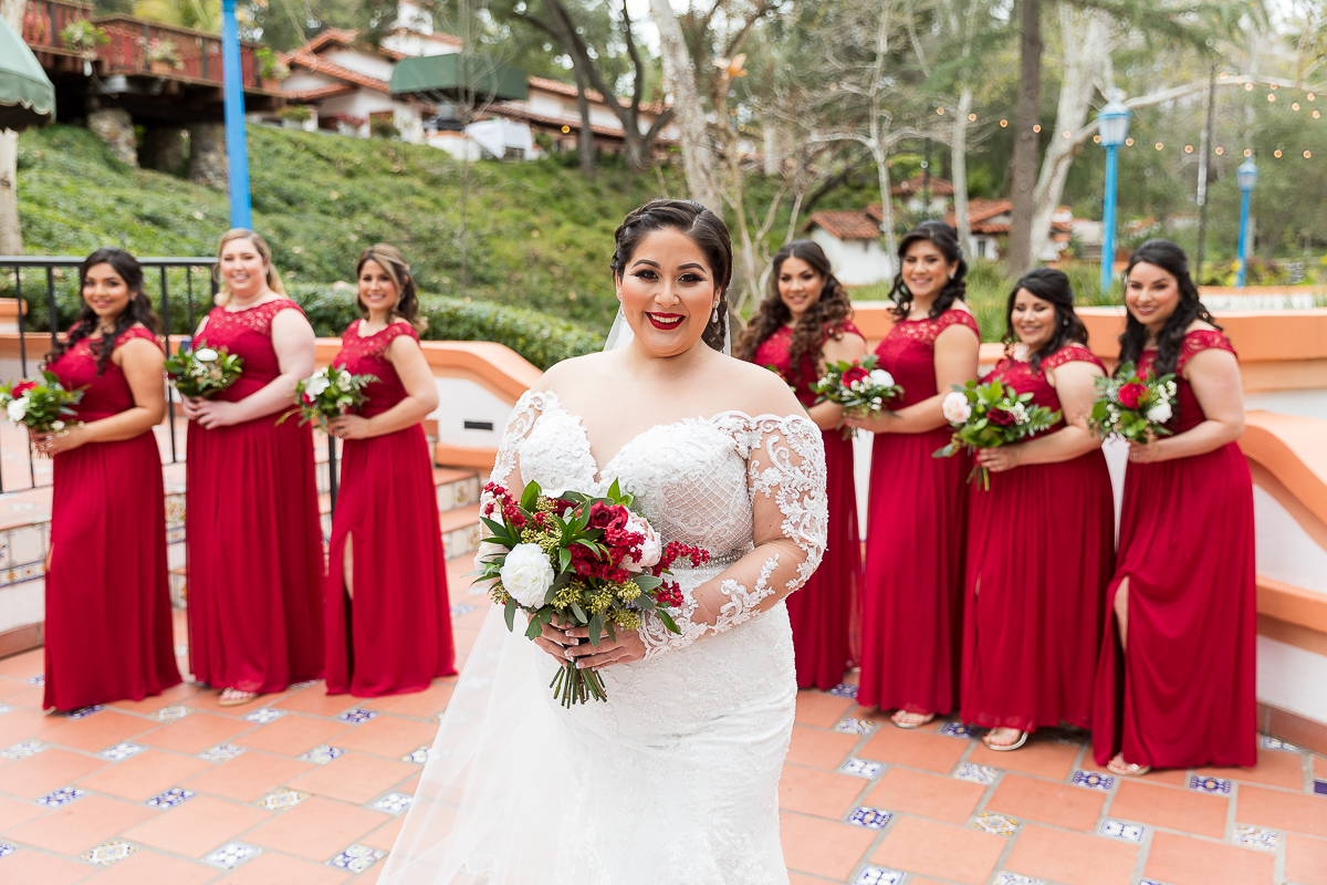! Wedding Party in Red Gowns at Rancho Las Lomas.jpg