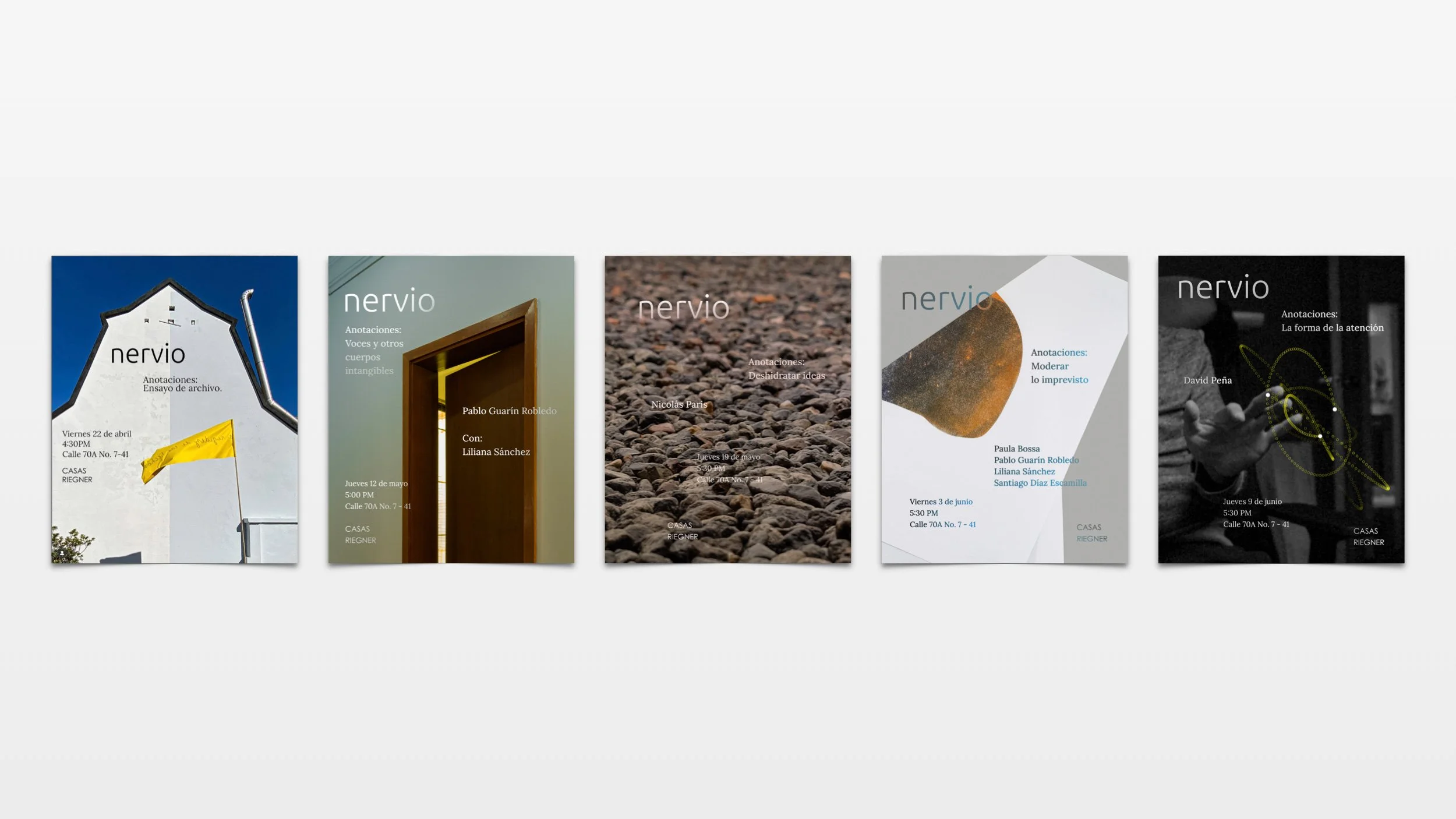 Five digital event announcements for the Anotaciones series at Casas Riegner, 2022.