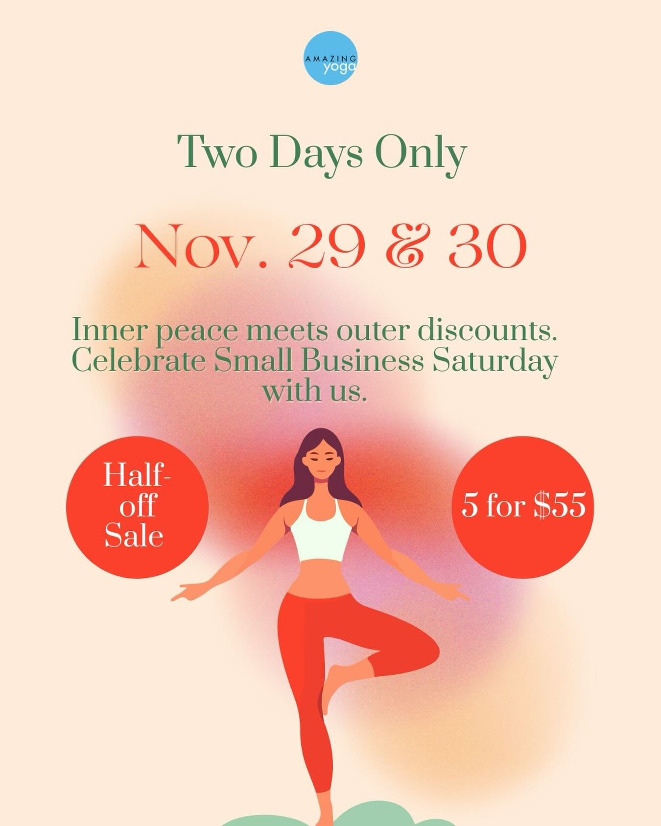 Celebrate Small Business Saturday!

Half-off Sale: 5 Class pack for just $55

Available Saturday &amp; Sunday.

Limit one per purchase. Expires in 6 months. 

Link in bio🔗