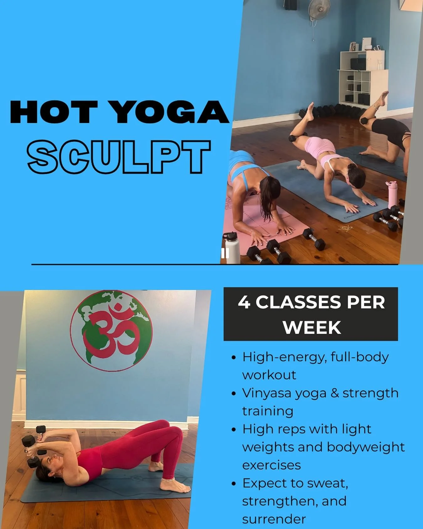🔥 Hot Yoga Sculpt 🔥4x a week!
Build strength, sweat it out, and feel amazing with us.

🗓 Weekly Schedule
&bull; Tues 9:00am with Karen
&bull; Wed 7:15am with Barbi
&bull; Thurs 4:15pm with Mary
&bull; Fri 12:00pm with Sean

Come sculpt, sweat, and