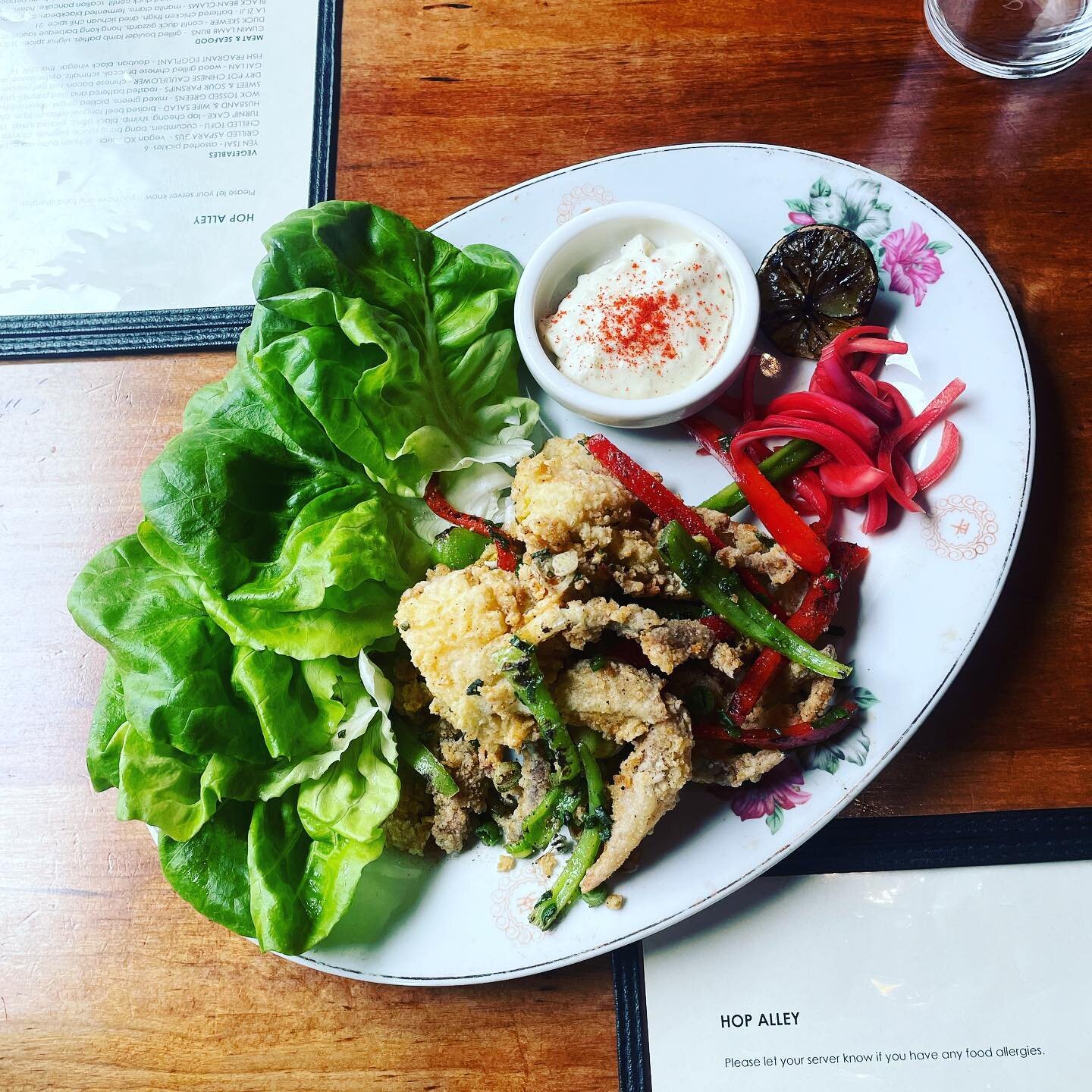 Bringing back an old favorite since we got our hands on some live soft shell crabs from the east coast 💥 ! Salt &amp; Pepper Soft Shell Crabs with bibb lettuce wraps, charred lime aioli and pickled red onion. Summer is singing! 🦀 🥬 #thenewchinatow