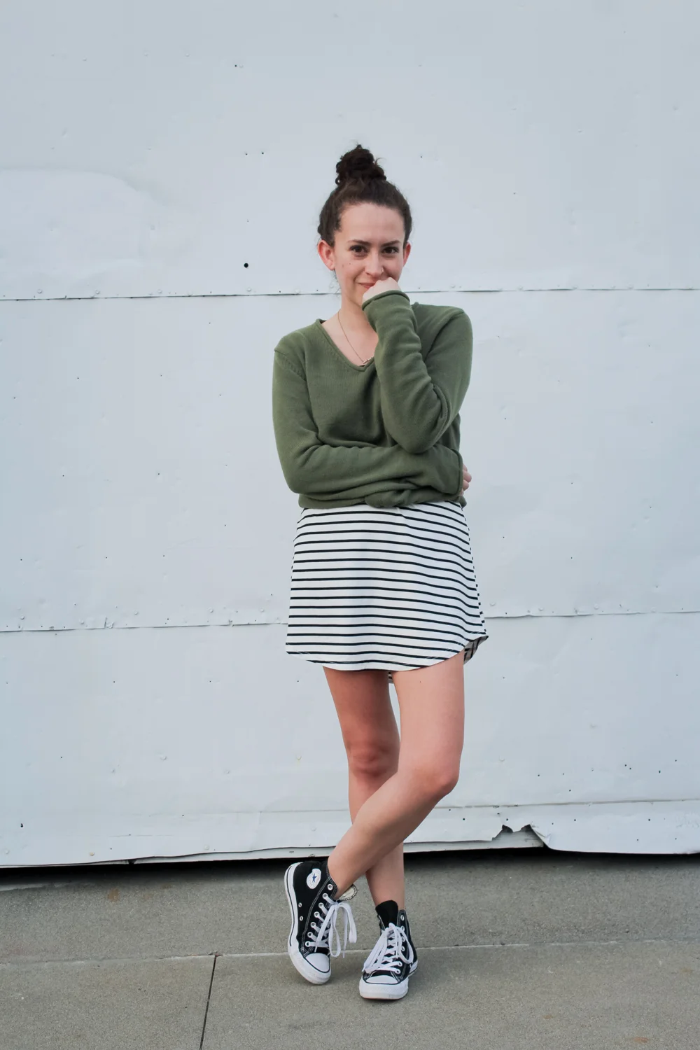 Day 4 of the Spring 10x10/Unfancy Remix challenge! I wore a light green v neck sweater over a stripe t shirt dress and styled it with a top knot and my high top converse sneakers
