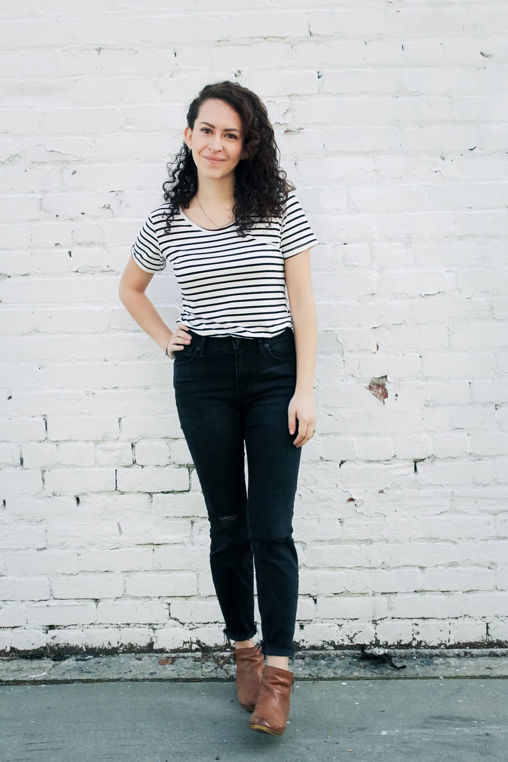 My outfit made up of stripes, black high rise Madwell jeans and ankle boots for Day 5 of the Style Bee Spring 10x10/Unfancy Remix challenge. simple, classic, causal style brought to you from my spring capsule wardrobe! | tintedgreen