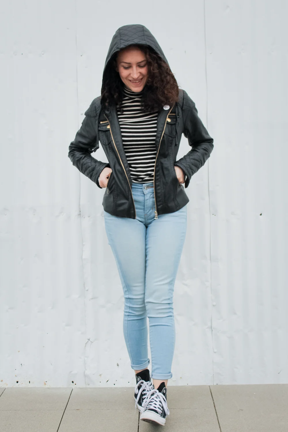 striped mockneck top with levis skinny jeans, high top converse sneakers and a leather jacket for day 6 of the spring 10x10 challenge/unfancy remix | tintedgreen