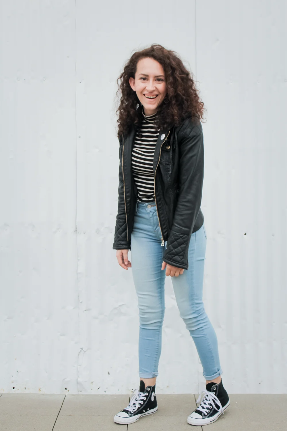 striped mockneck top with levis skinny jeans, high top converse sneakers and a leather jacket for day 6 of the spring 10x10 challenge/unfancy remix | tintedgreen