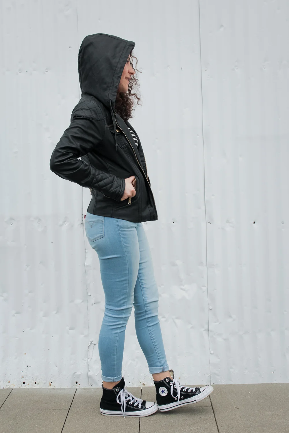 striped mockneck top with levis skinny jeans, high top converse sneakers and a leather jacket for day 6 of the spring 10x10 challenge/unfancy remix | tintedgreen