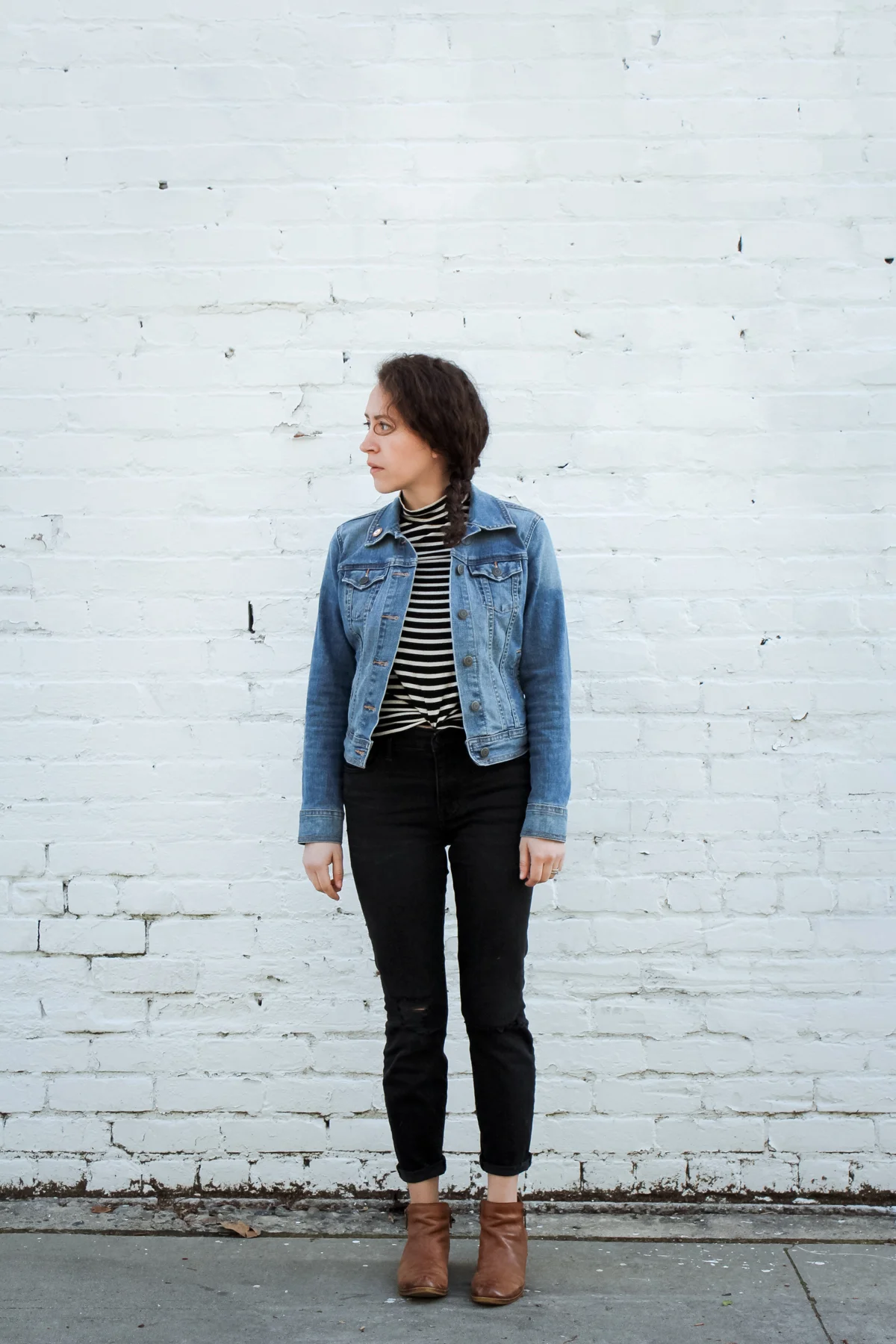 i wore a striped mockneck top with my madewell high rise jeans, lucky brand ankle boots and my old navy denim jacket as my outfit for day 8 of the unfancy remix/spring 10x10 challenge. all of these pieces are from my spring capsule wardrobe. it's crazy how versatile a small closet can be!
