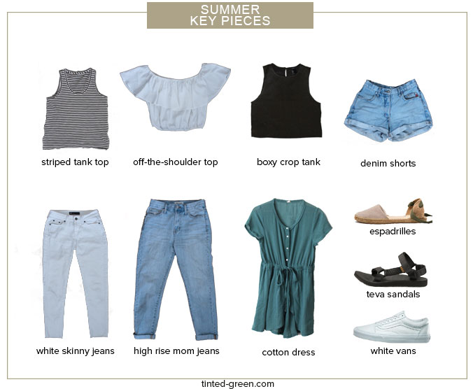 the 10 key pieces for my summer capsule wardrobe / a striped tank top, off the shoulder top, boxy crop tank, vintage denim shorts, white skinny jeans, madewell mom jeans, a striped t shirt dress, espadrilles, teva sandals, and white vans sneakers