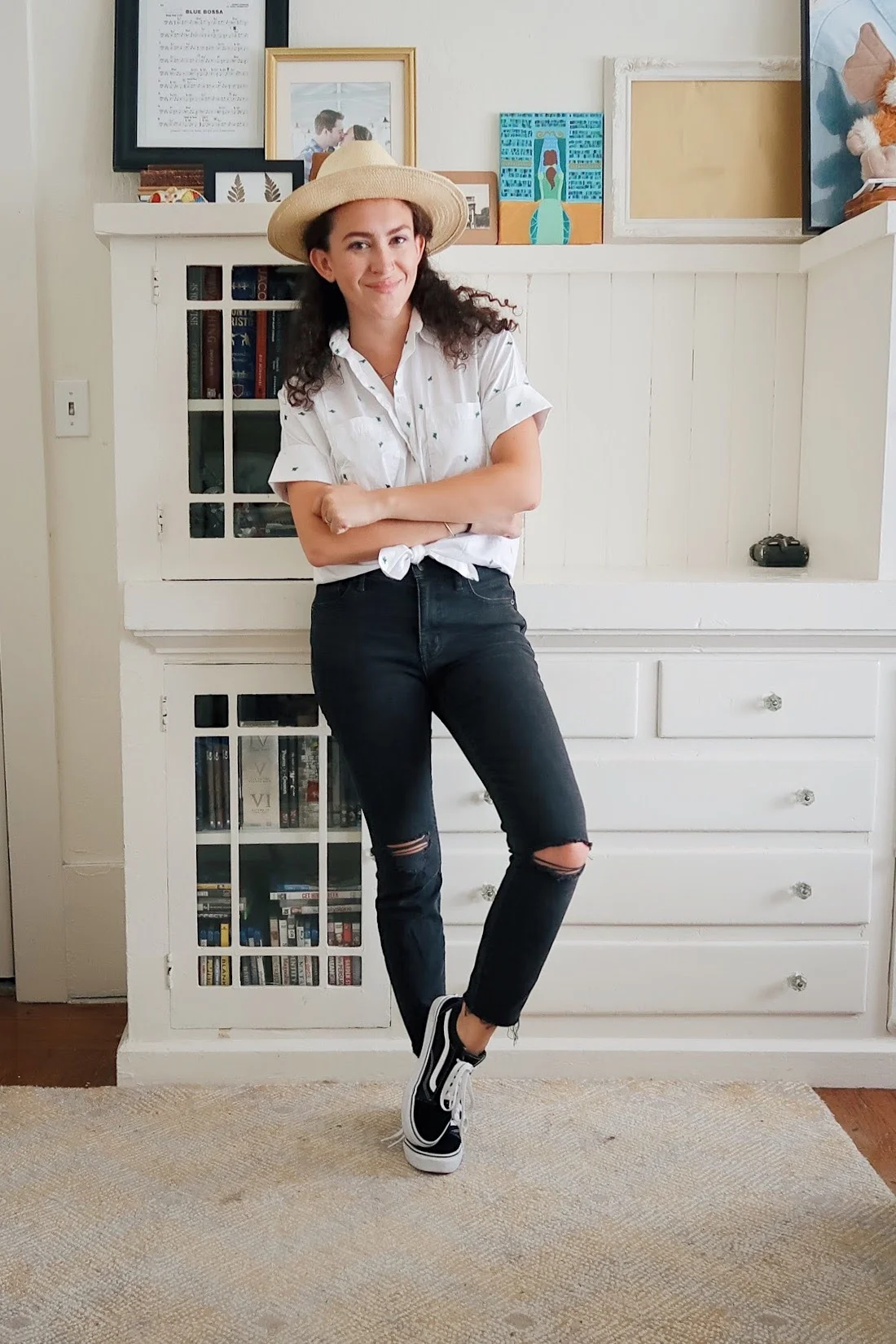 my mid-season mini haul included this cactus embroidered button up shirt from madewell. it's a perfectly subtle pattern for someone who likes simple clothes (like me). Styled with my black high rise distressed jeans, also from madewell, my low top old skool vans and a straw fedora.