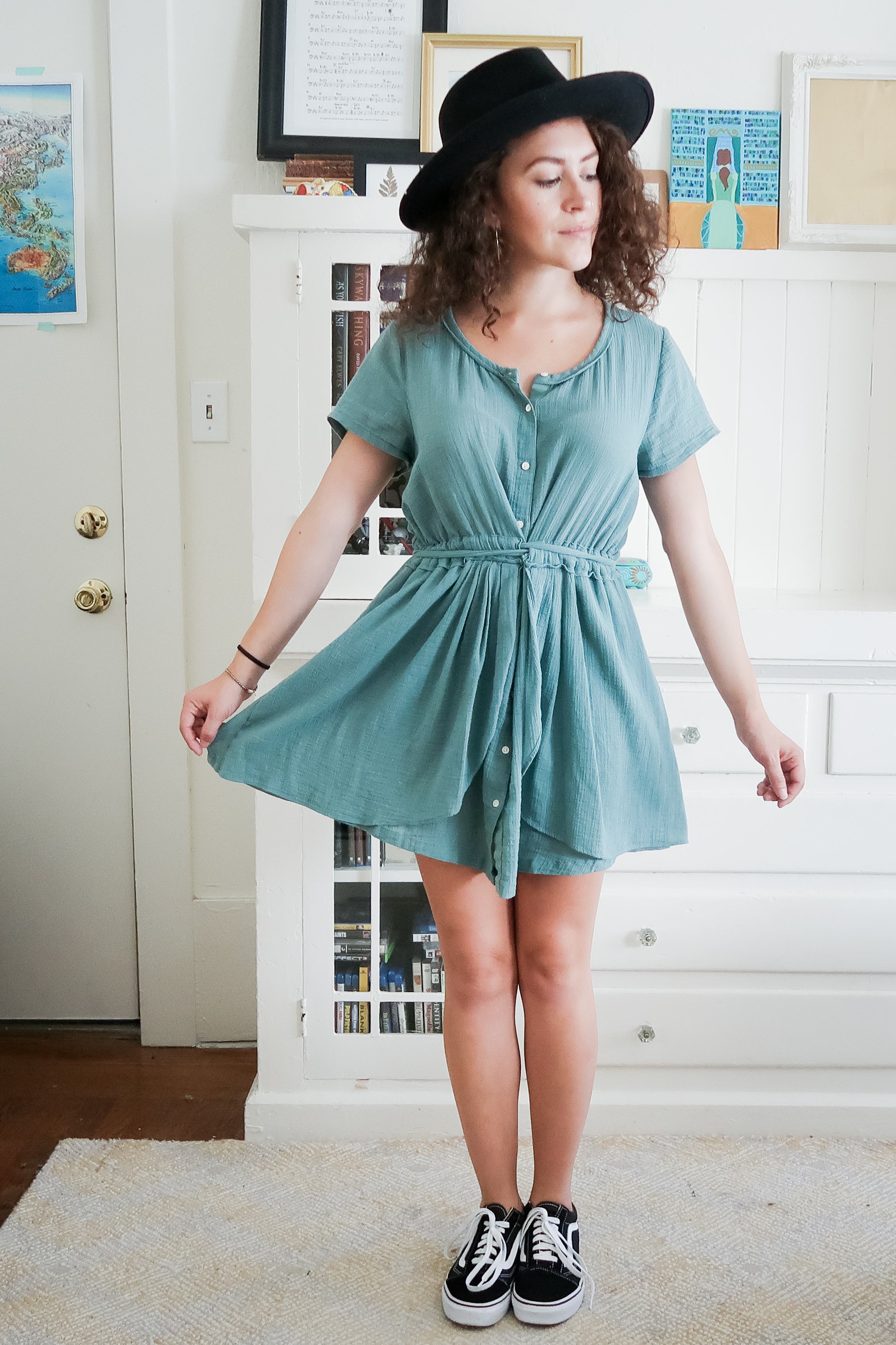 10 pieces, 10 outfits -- my thrifted button up fit and flare cotton dress from J Crew works well dressed up with strappy sandals or dressed down with some vans sneakers and a black hat