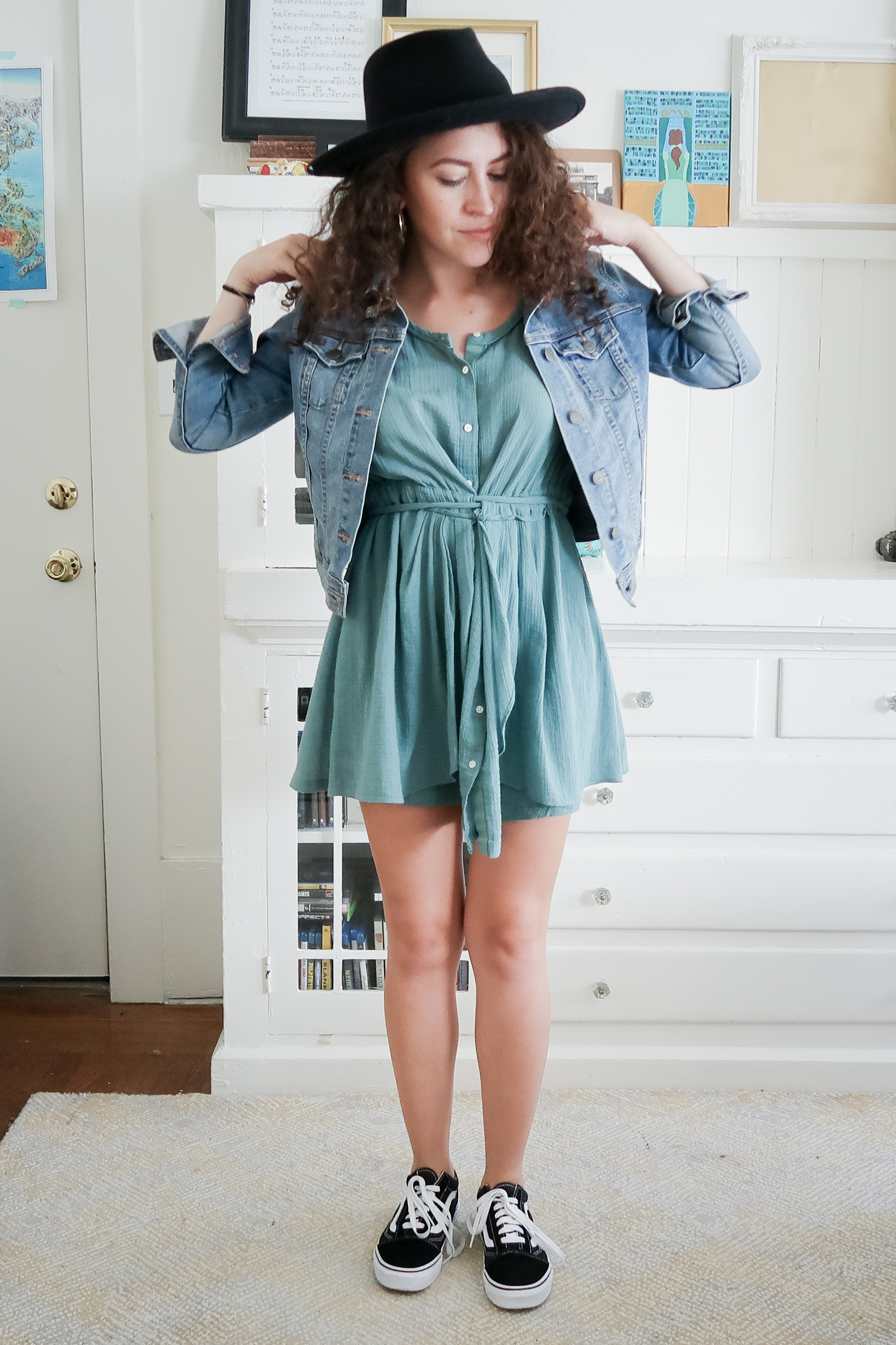 10 pieces, 10 outfits -- my thrifted button up fit and flare cotton dress from J Crew works well dressed up with strappy sandals or dressed down with some vans sneakers, a denim jacket and a black hat