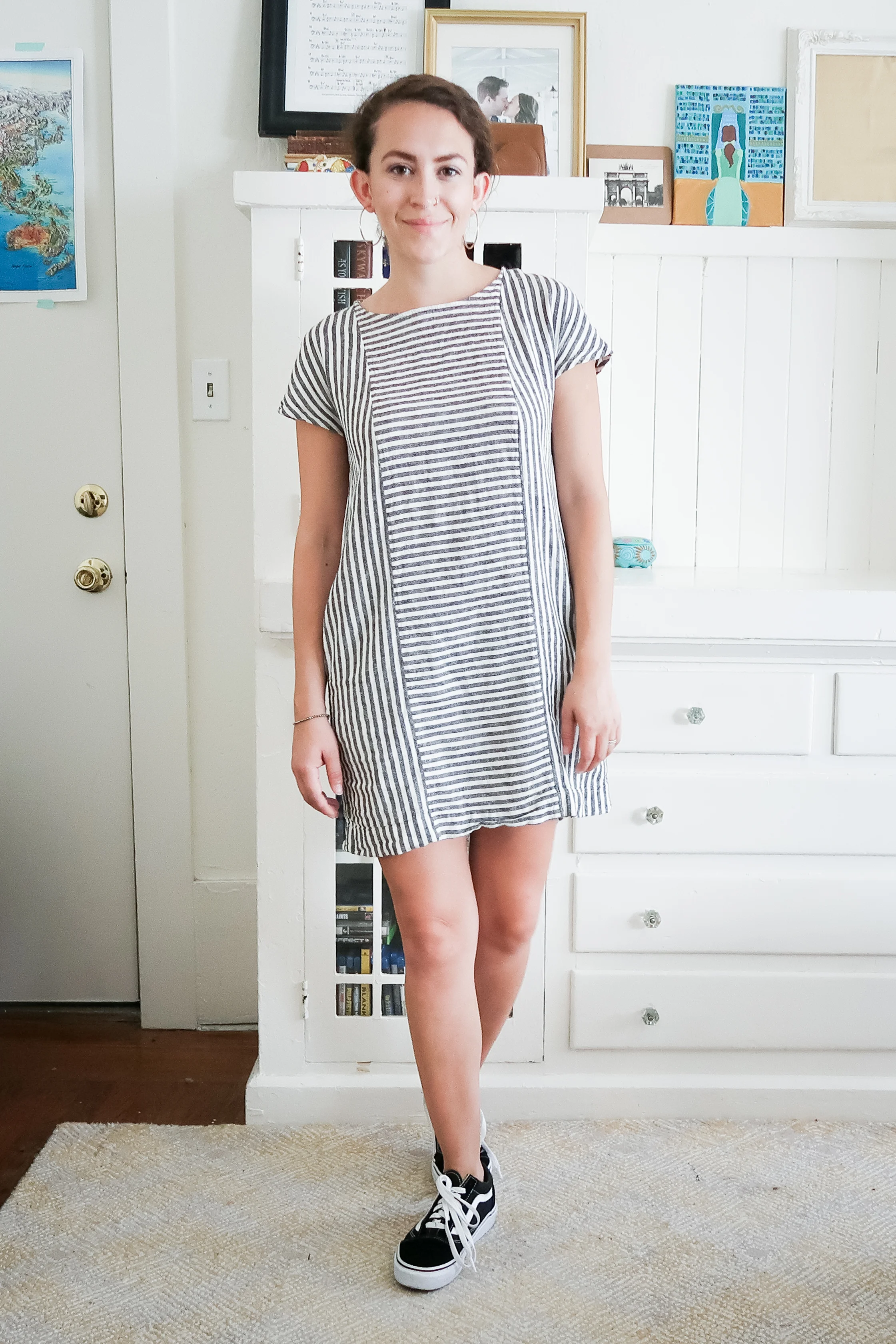 10 pieces, 10 outfits -- i didn't really need new sneakers when i bought these vans but i've been wearing these non stop since i got them. they of course look great with casual outfits but i even love them paired with dresses like this striped button back linen shift dress from madewell