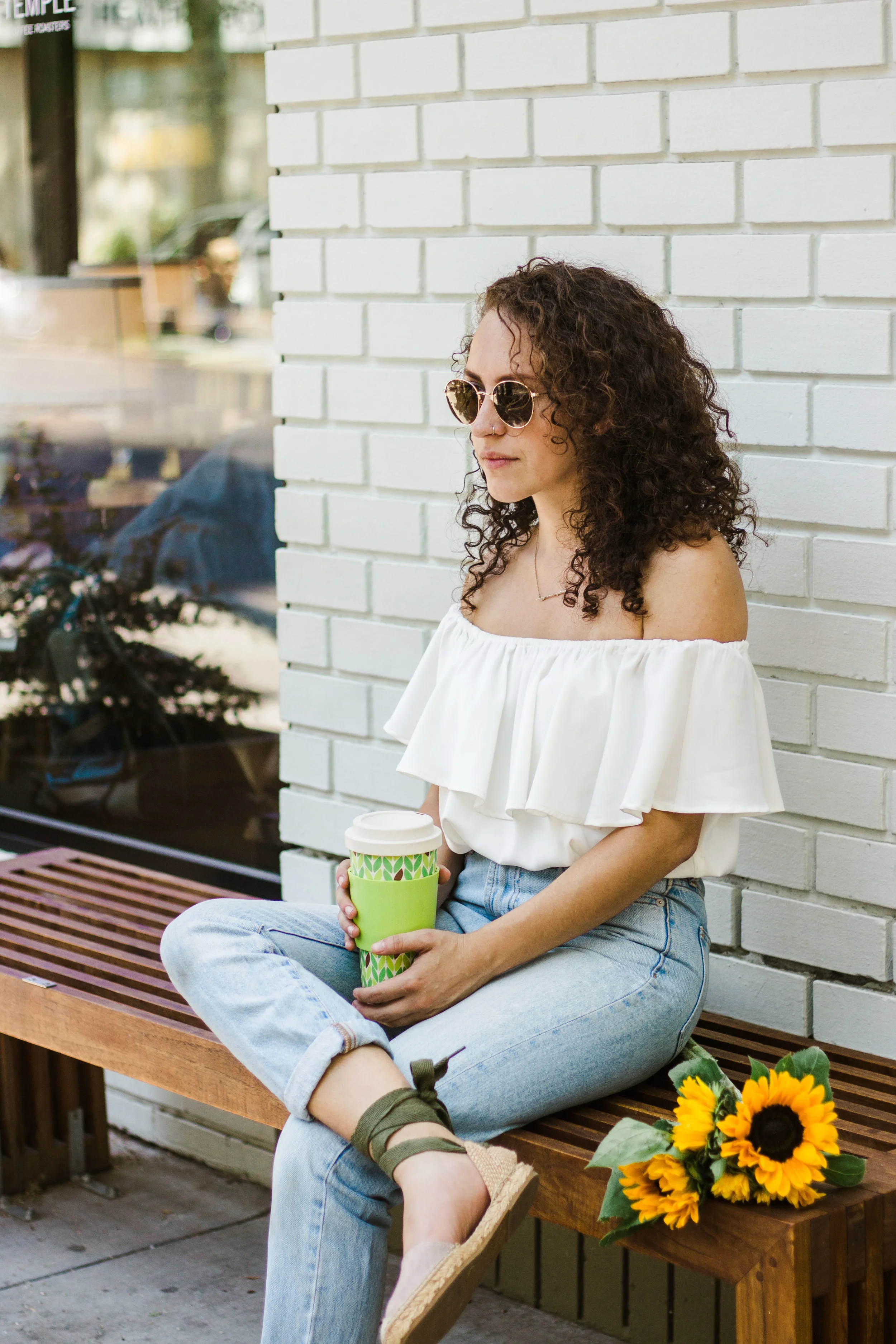 farmer's market outfit -- high rise light wash mom jeans (the perfect summer jean from madewell), a white off the shoulder top and tie up espadrille flats, plus a satchel bag to hold my personal