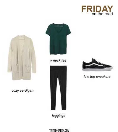 road trip travel outfit: t shirt, black leggings, a cozy cardigan and comfy sneakers