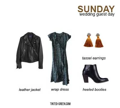 a spring, summer, or fall wedding guest outfit -- a midi wrap dress with heeled booties, a leather jacket and statement tassel earrings