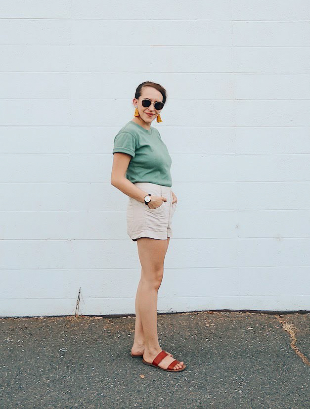 10 items 10 ways, 10 items 10 outfits, 10 items 10 days, 10 pieces 10 outfits, 10x10 challenge | wearing thrift store find light green boxy t shirt, beige tan cotton shorts, yellow tassel earrings, #madewell sunglasses, and fossil hybrid smartwatch | tinted-green.com