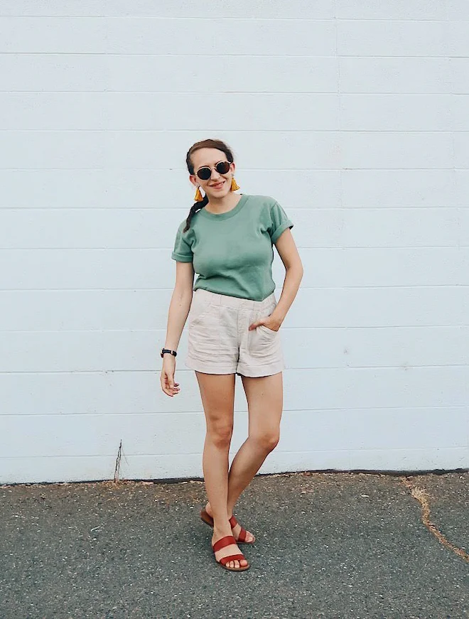10 items 10 ways, 10 items 10 outfits, 10 items 10 days, 10 pieces 10 outfits, 10x10 challenge | wearing thrift store find light green boxy t shirt, beige tan cotton shorts, yellow tassel earrings, #madewell sunglasses, and fossil hybrid smartwatch | tinted-green.com