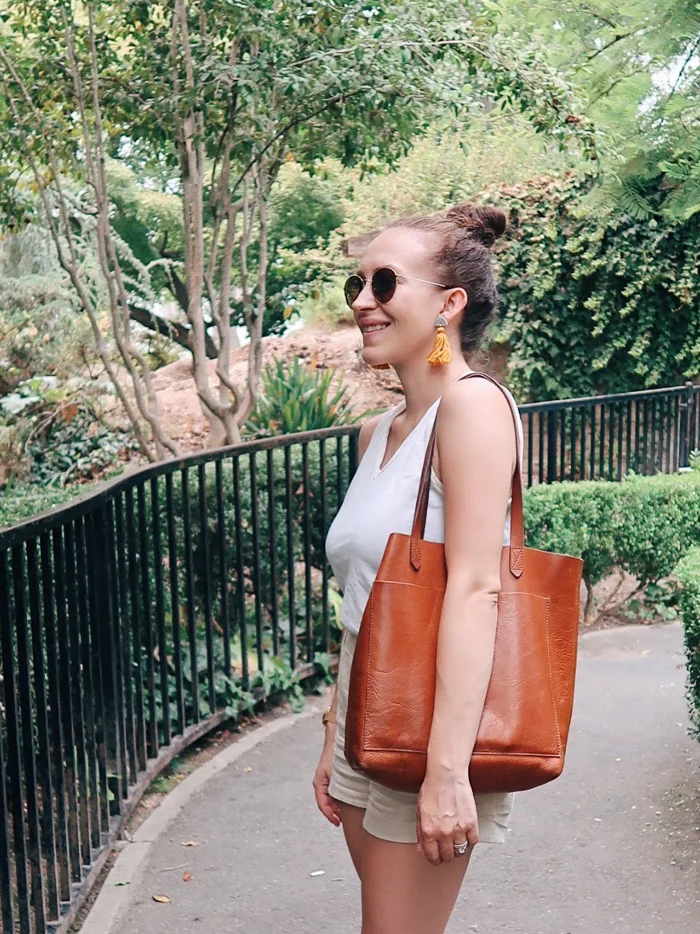 10 items 10 ways, 10 items 10 outfits, 10 items 10 days, 10 pieces 10 outfits, 10x10 challenge | wearing white Gap tank top, beige tan cotton shorts, #madewell sunglasses, and #fossil hybrid smartwatch | tinted-green.com