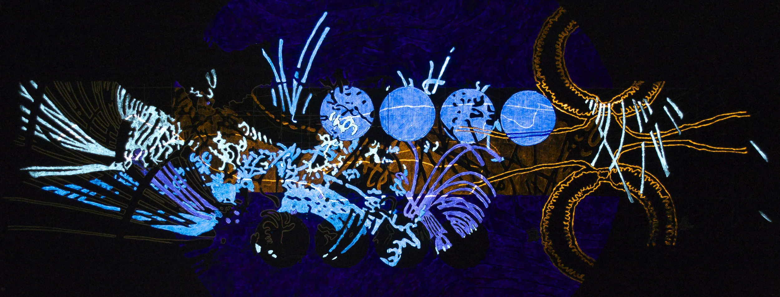 AB_ElectricUniversal2[Energy theory]_2014-2015_darkroomwithlaserpointer_ink,pastelandphoto-luminescentpigmentonpaper_H59.5cmxW153cm_DSC_0307.jpg