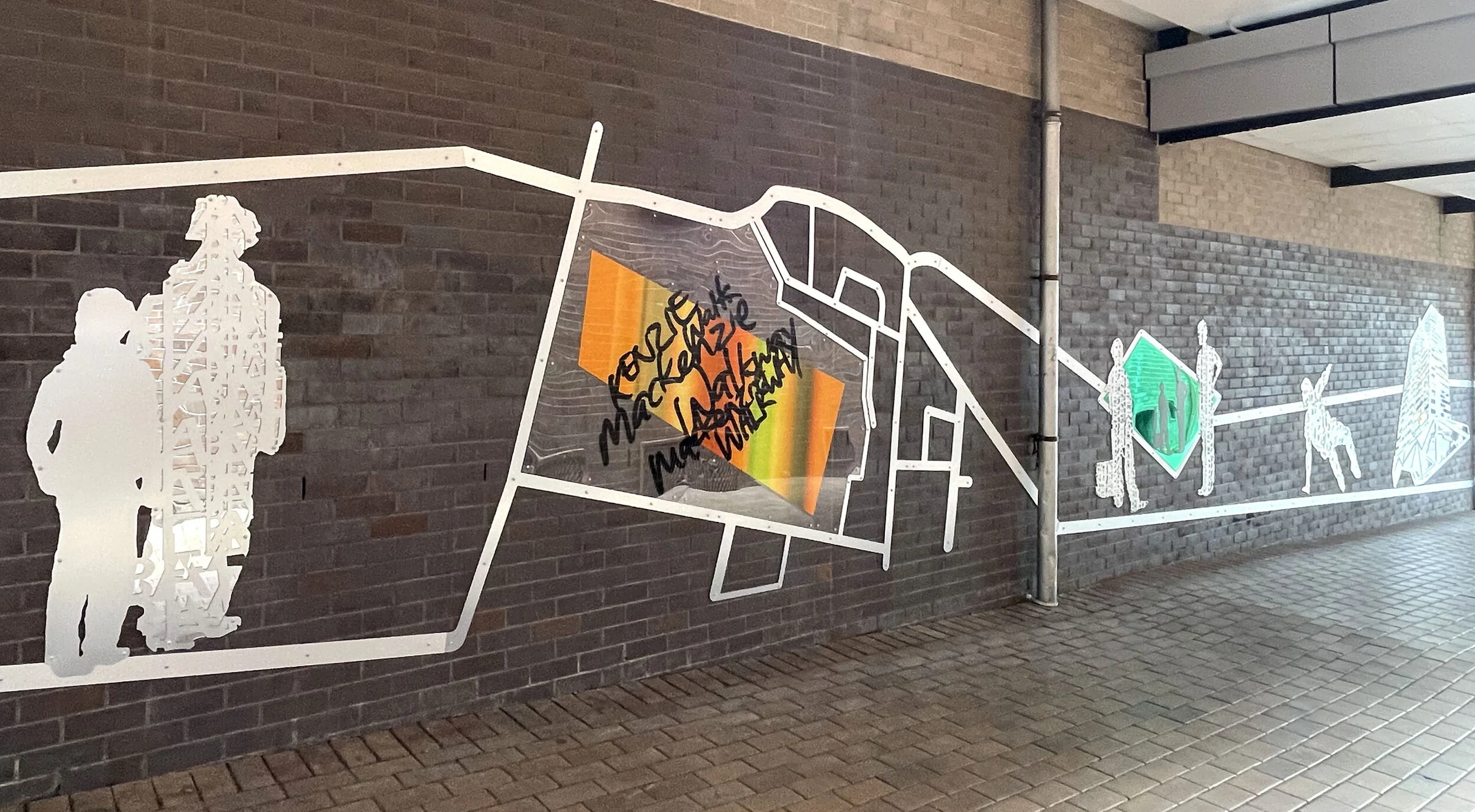  Barahanos Byrne     City Shift  - Detail of the components  Youth Turning ,  Map  and  Green Shape . 2020. Mackenzie Walkway, Blacktown CBD. Aluminium Composite Panel, Clear Polycarbonate and Tinted Acrylic Mirror.   Approximate dimensions: H3.5m x 