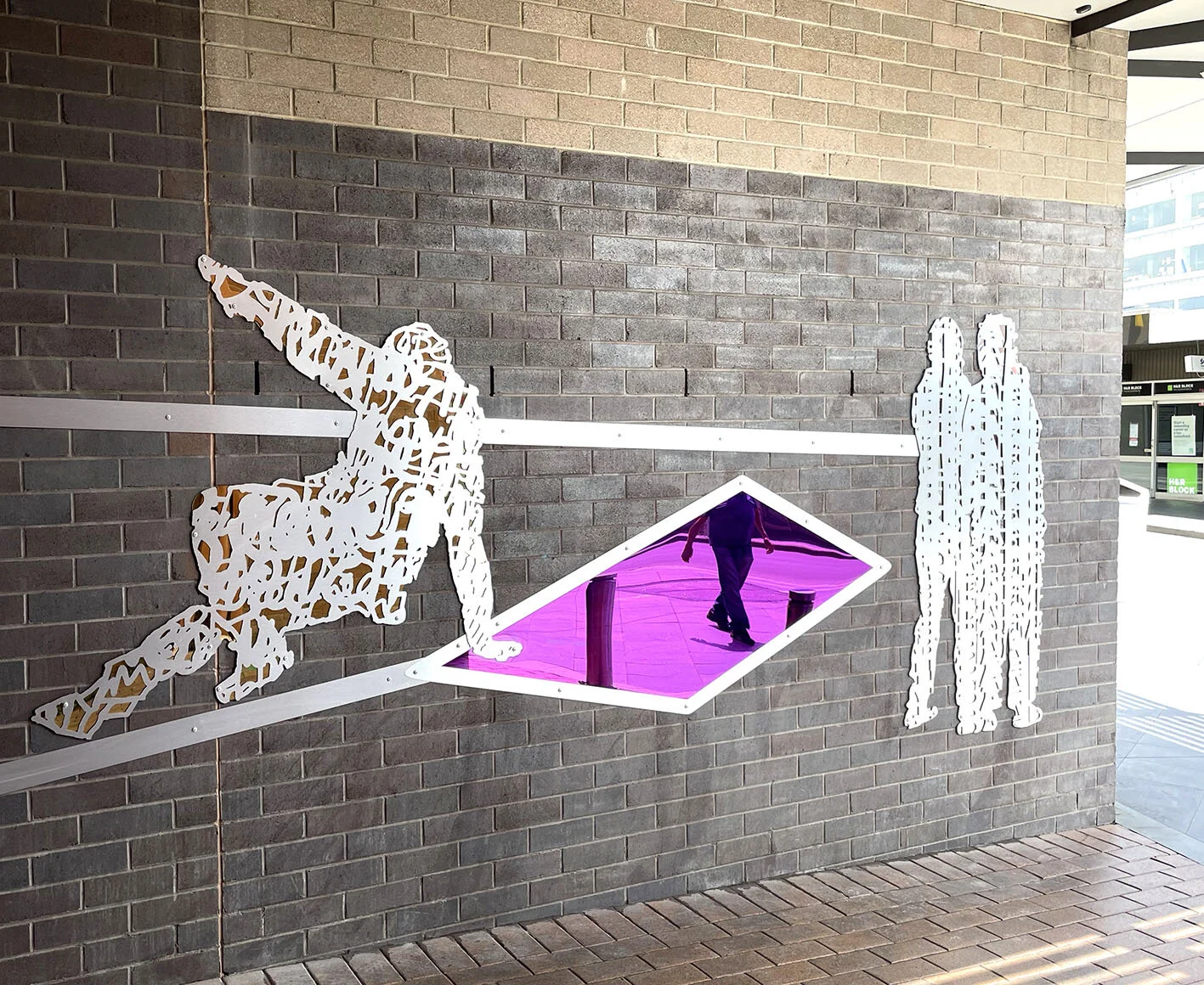  Barahanos Byrne     City Shift  - Detail of the components  Body Twist ,  Purple Shape  and  Two Women . 2020. Mackenzie Walkway, Blacktown CBD. Aluminium Composite Panel and Tinted Acrylic Mirror.   Approximate dimensions: H3.5m x L35m  
