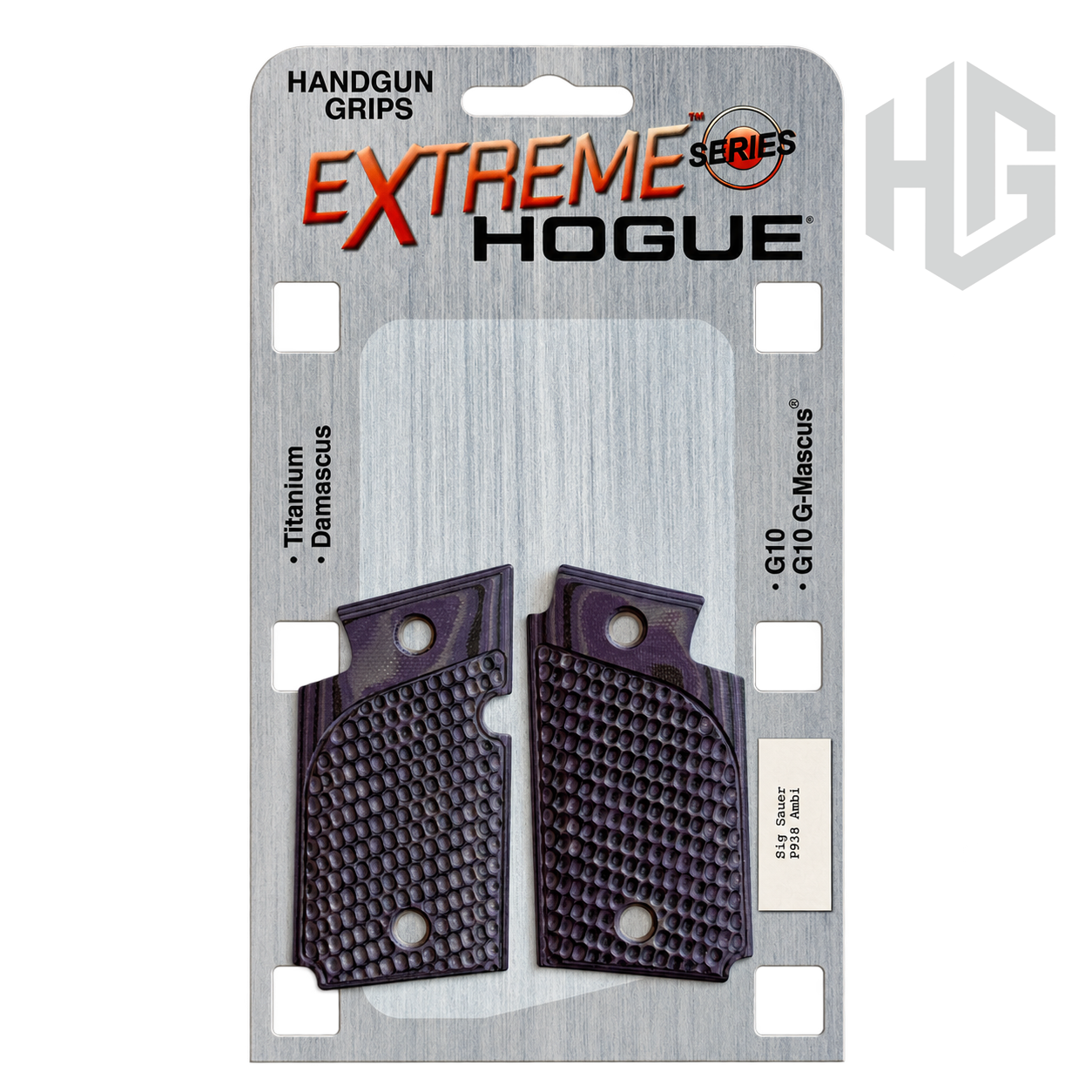 ประกับด้ามสีม่วงสองข้างบนแผง Hogue Extreme Series พร้อมฉลาก Sig Sauer P938 Ambi และข้อความ G10 G-Mascus