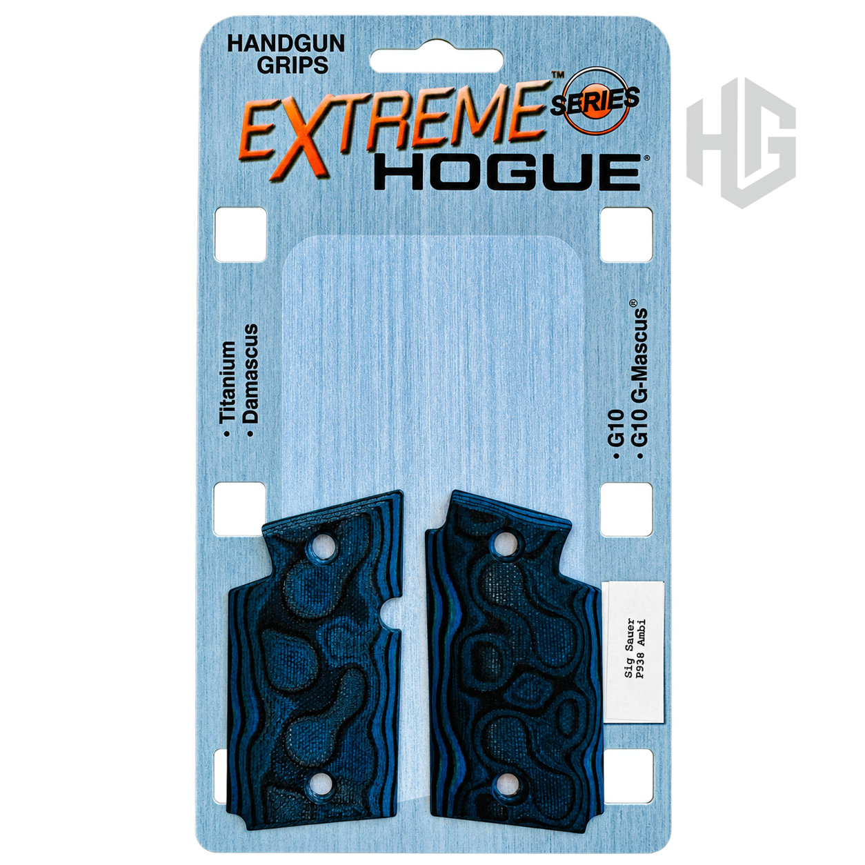 ประกับด้ามสีน้ำเงินสองข้างบนแผง Hogue Extreme Series พร้อมฉลาก Sig Sauer P938 Ambi และข้อความ G10 G-Mascus
